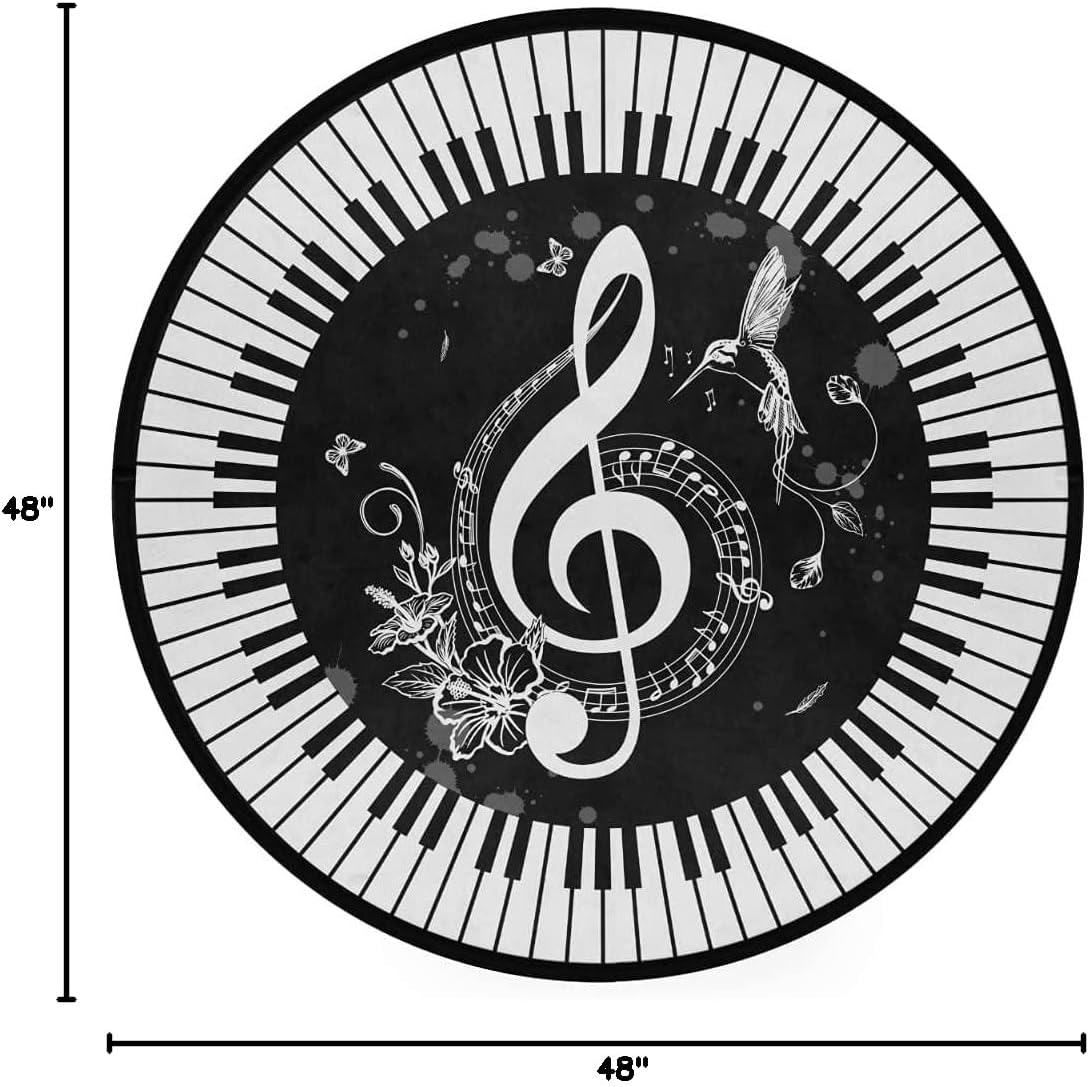 Music Round Area Rug Piano Notes Doormat Non-Slip Floor Mat Round Area Rug Carpet for Bedroom Living Room Study Playing Carpet, 4' Diameter