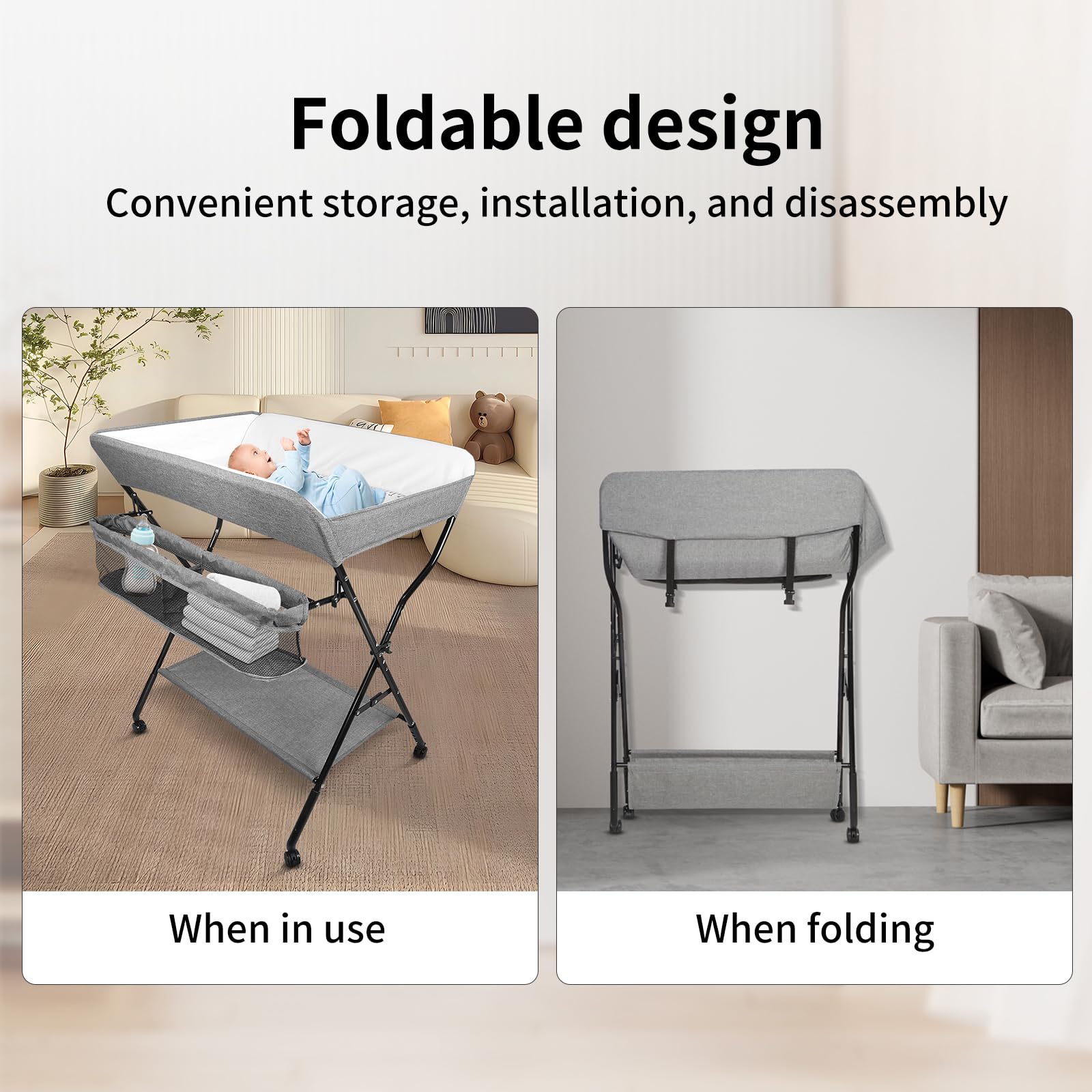 WODFARR - Mesa cambiador plegable con cesta de almacenamiento, mesa de pañuelos, plegable y portátil, tela de PVC+Oxford impermeable, ajuste de altura a 4 velocidades, B-gris
