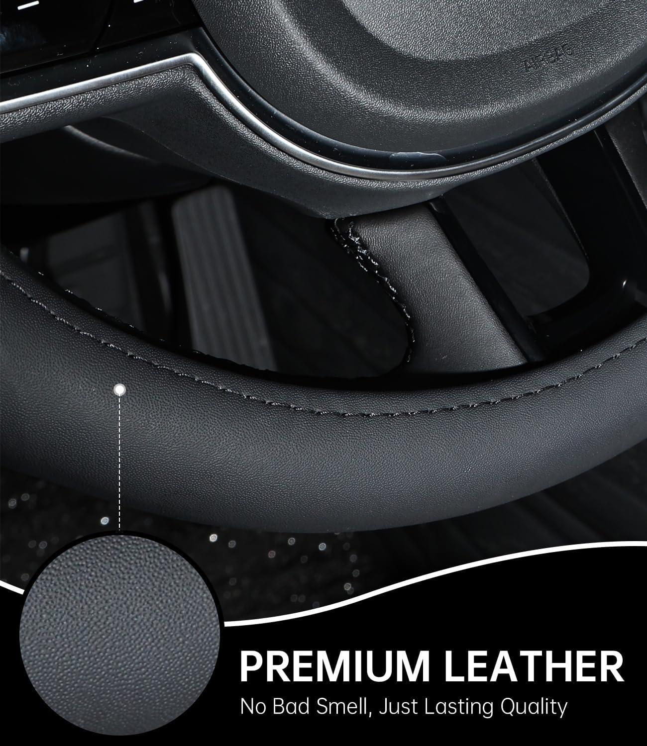 XCBYT Steering Wheel Cover - Black Leather Steering Wheel Wrap Great Grip with 3D Honeycomb Quick and Effortless Installation Non-Slip Silicone Inner Ring for Women Man Universal Fit 14.5-15 Inch