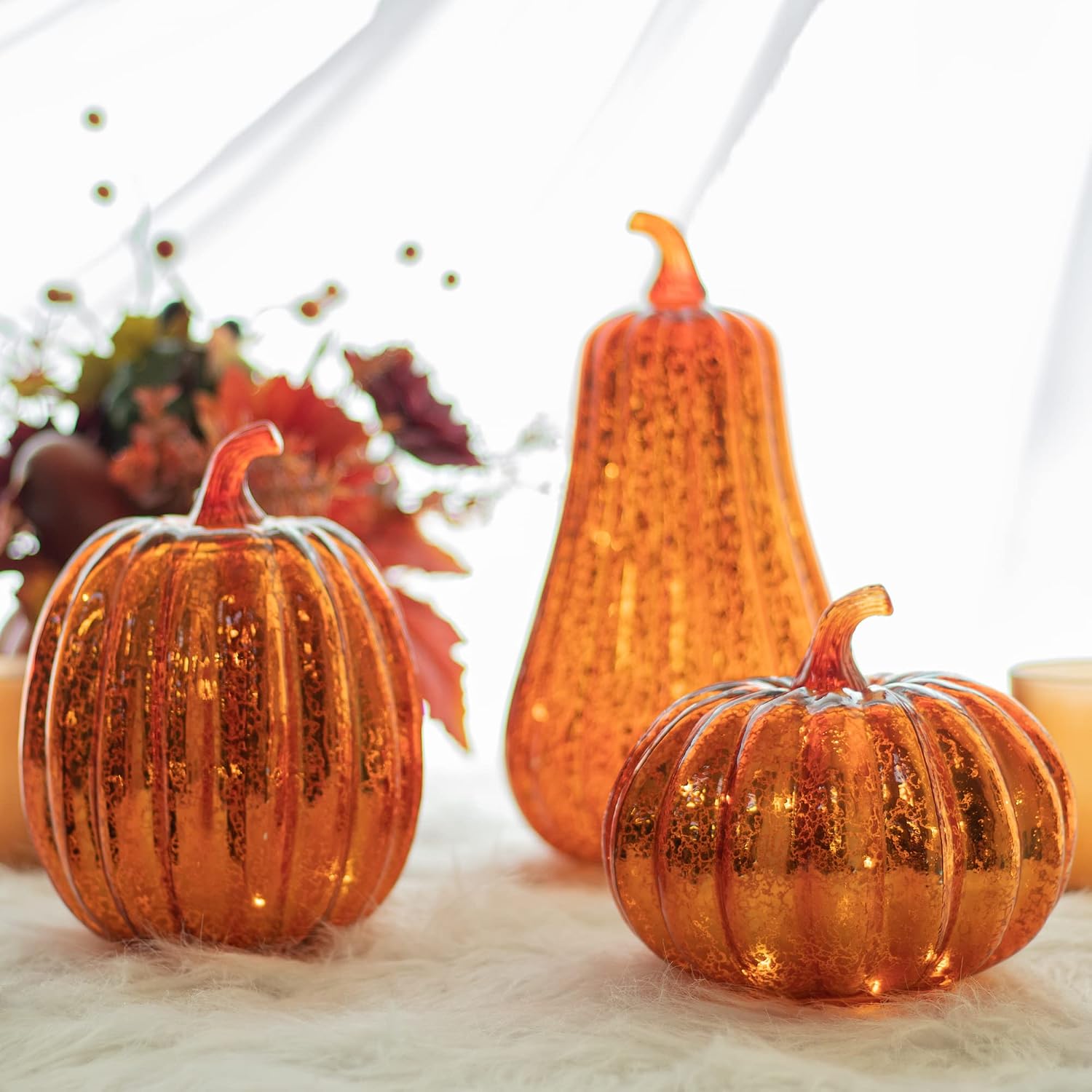 KI Store Glass Pumpkin with Lights and Timer Set of 3 Lighted Mercury Glass Pumpkins for Fall Halloween Thanksgiving Decorations Battery Operated