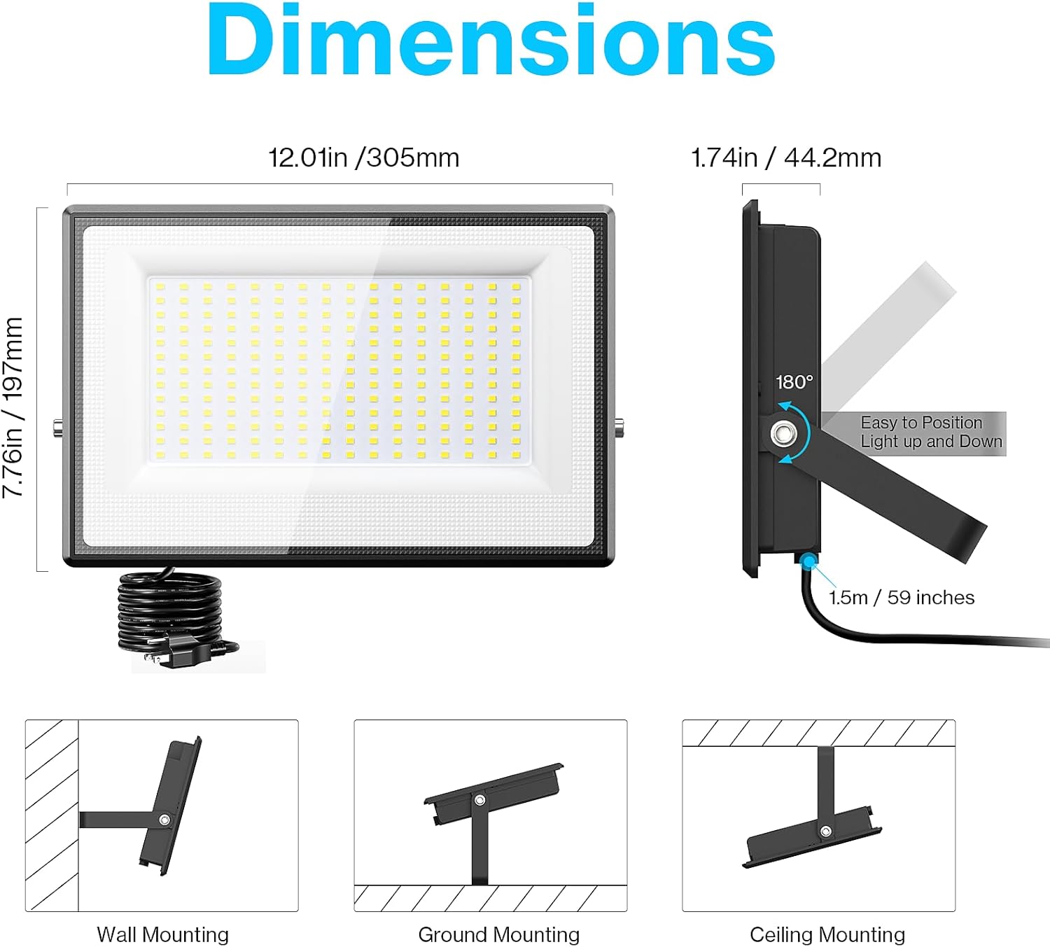 Diagram showing dimensions of the flood light and illustrations of wall, ground, and ceiling mounting options