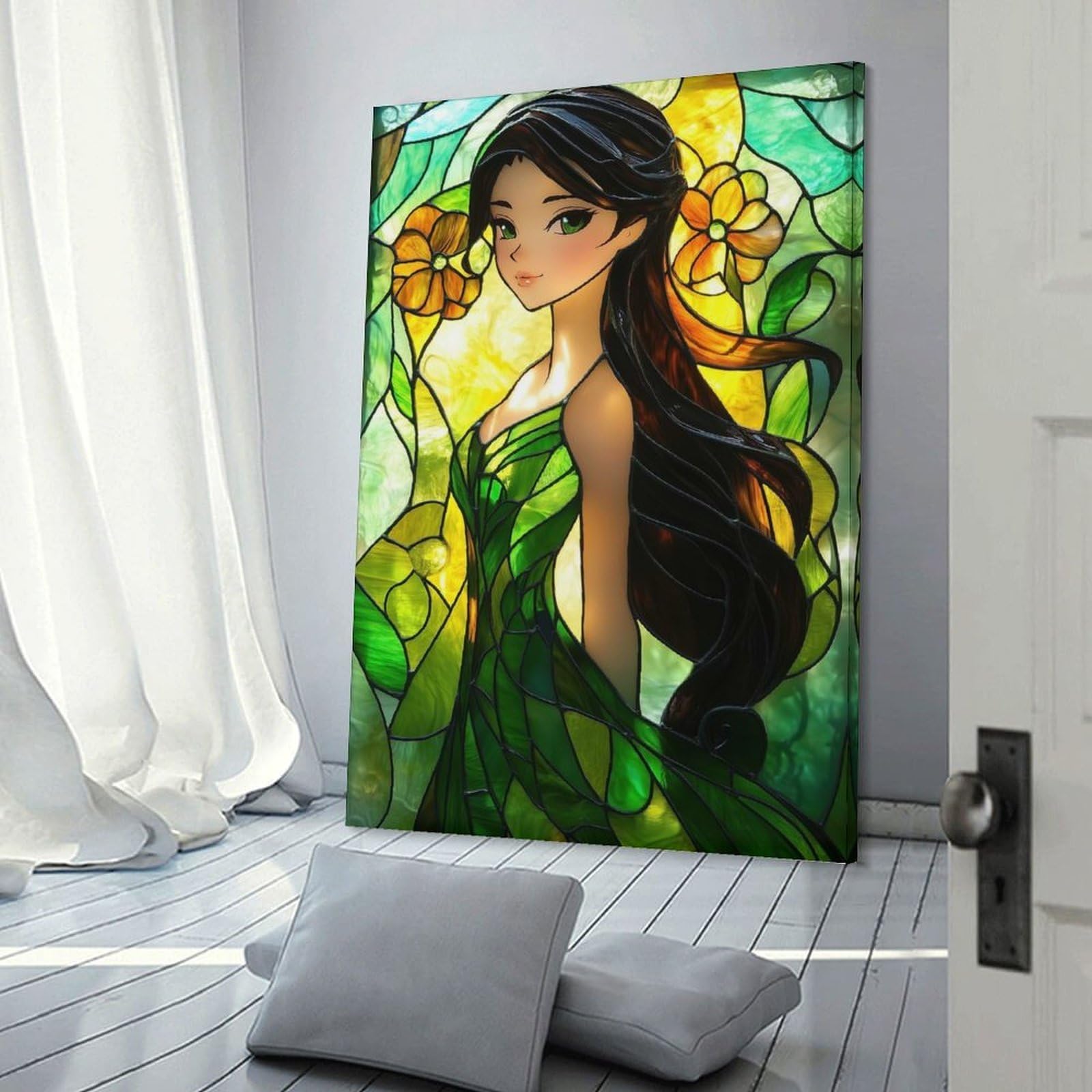 Junmoney Frame-Style-10-1 Stained Glass Woman Hanging Wall Art, 20X30inch(50X75cm), For Bedroom Decor, Cosy Corners Or Studios, An Easy Wall Refresh For Bedrooms