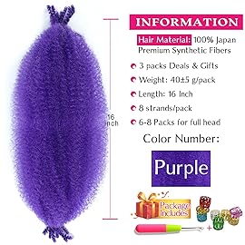 Afro Twist Hair 16 Inch 3 Packs, Springy Afro Twist Hair Pre Fluffed Spring Twist Hair Pre Stretched Wrapping Hair for Soft Locs Hair Extensions (16 Inch (Pack of 3), Purple)