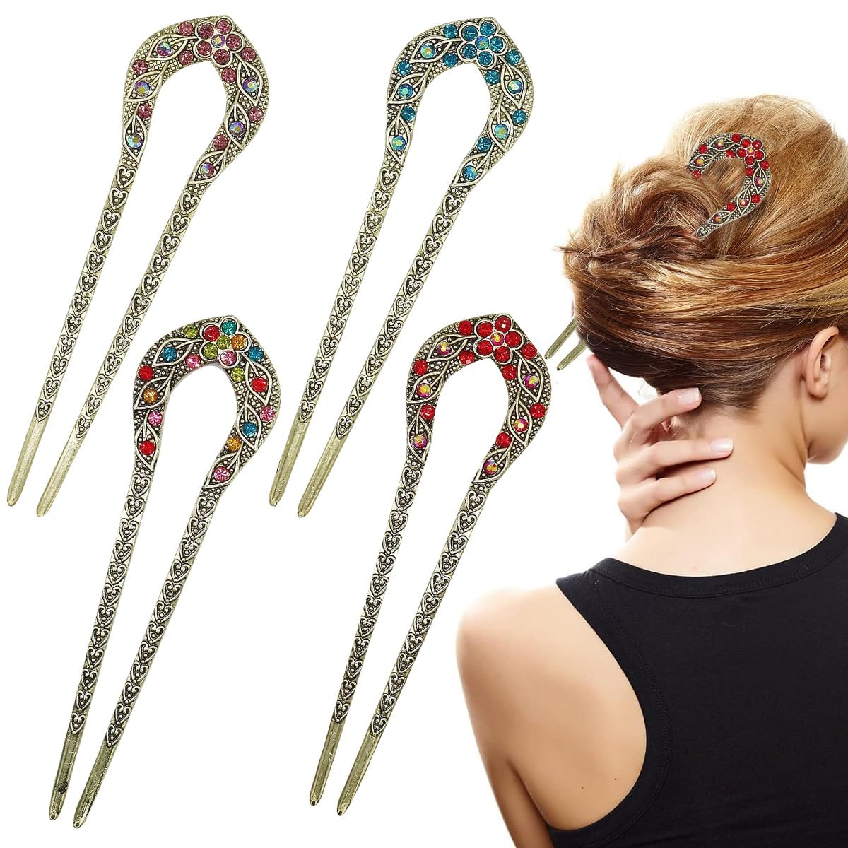 Melodio 4PCS Vintage Metal Hair Fork for Women, U-Shaped Double Prong Chignon Hair Stick with Crystal Rhinestones, Elegant Hairpin for Buns, Updos, and Bridal Hairstyles