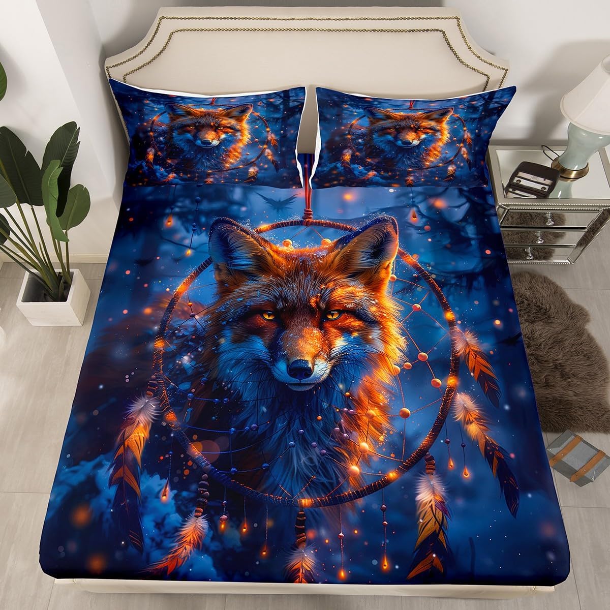 Gothic Fox Fitted Sheet Dream Catchers Sheets,Boho Feather Bed Sheets Full,Woodland Animals Bed Set Exotic Bohemian Decor