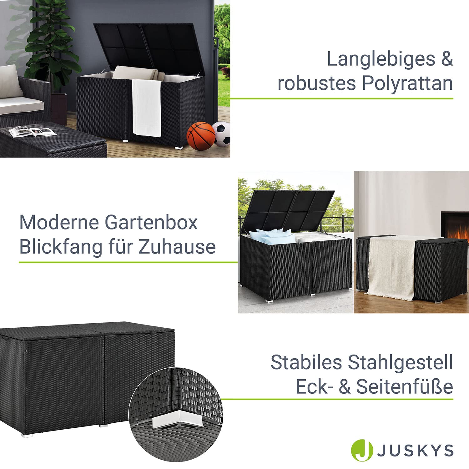 Juskys Polyrattan Auflagenbox Ikaria 950 L inkl. Deckel mit Hubautomatik & Innenplane - Kissenbox 145 x 82 x 79 cm für Garten - Gartenbox schwarz