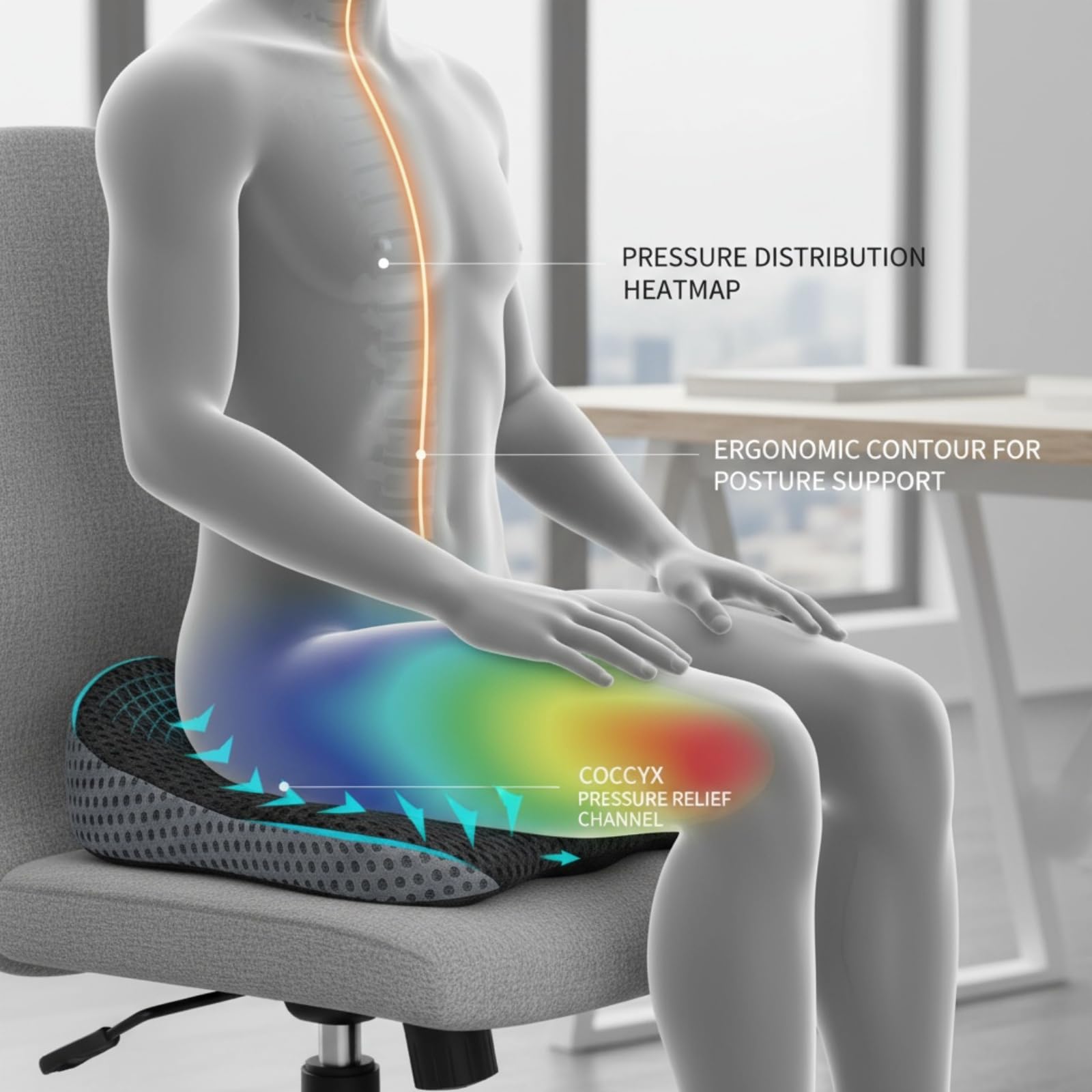 Cojín de espuma viscoelástica para asiento de coche con malla 4D, cojín de asiento universal de cuña para conducir, cojín de silla de oficina, cojines de coxis, soporte de postura y refuerzo de altura