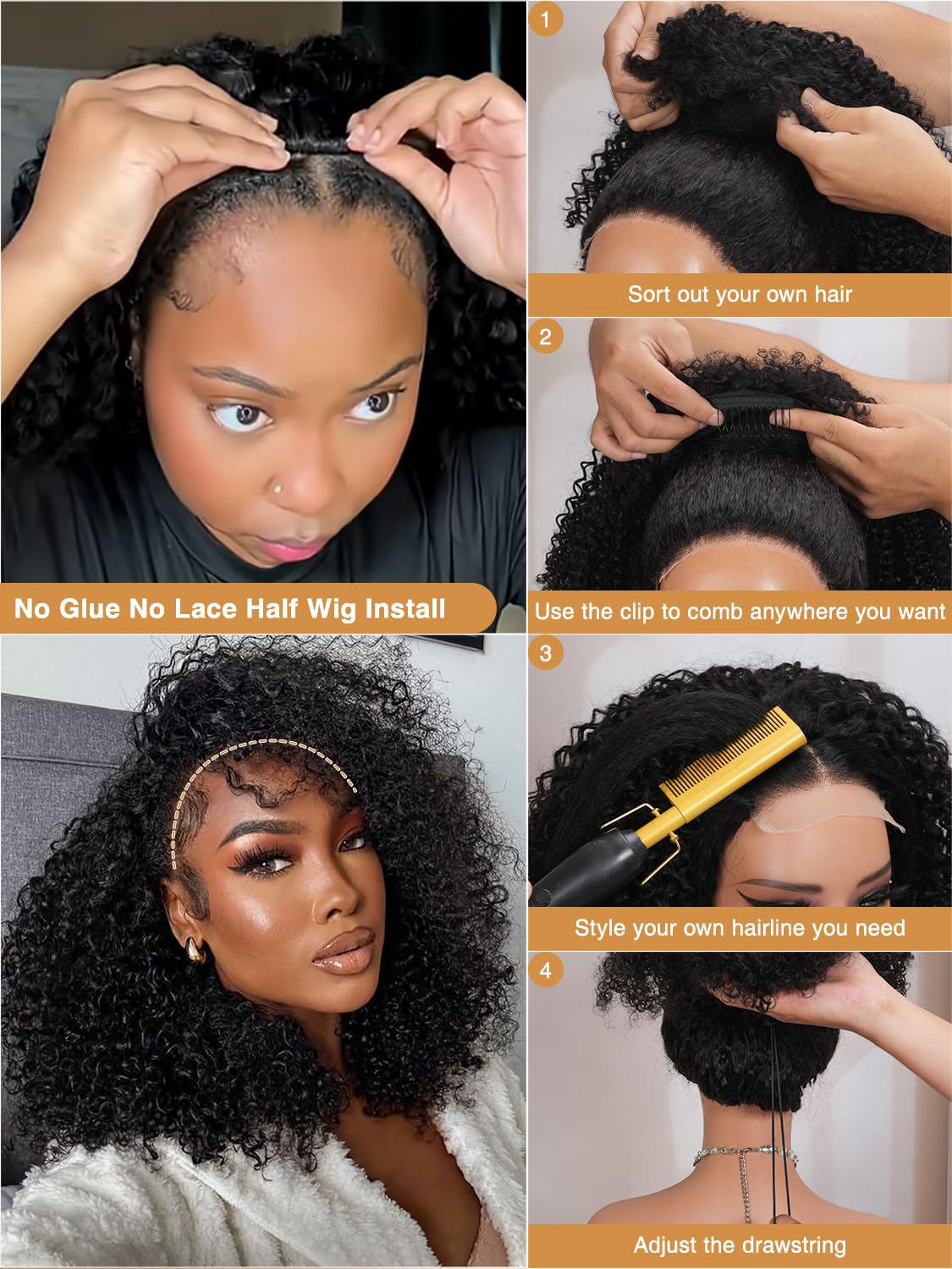 Kinky Curly Half Wig Human Hair Upgrade 4C Edge Hairline 200% Density Wear Go Glueless 3 In 1 Drawstring Seamless Flip Over Wig for Women Daily Wear Headband Wig Beginner Friendly (12 inch)