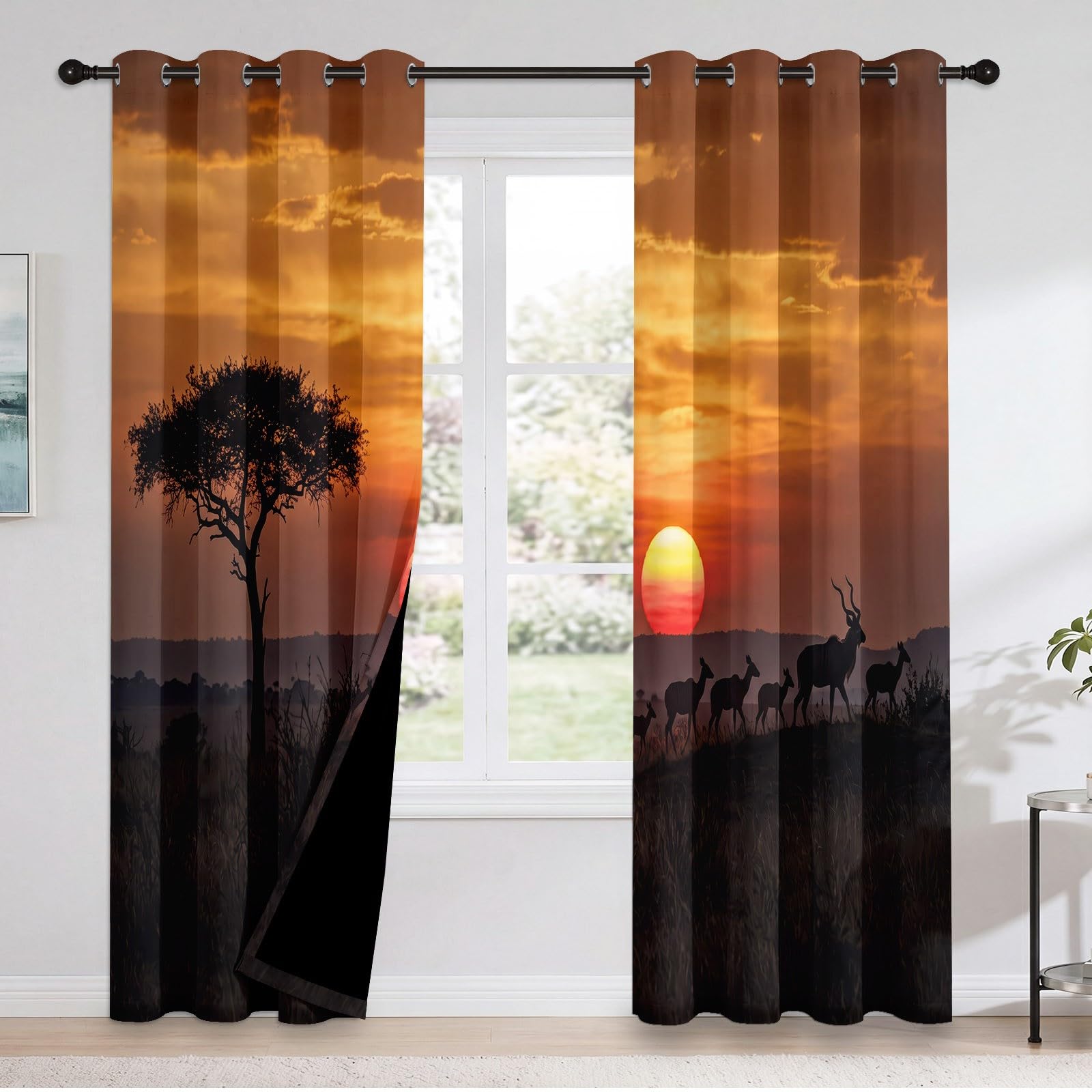 Naturlandschaft Verdunkelungsvorhänge, H245 x B100 cm Grasland Bäume Sonnenuntergang Wildtiere Antilopen Wolken Vorhänge Ösen 2er Set Schlafzimmer, Gelb Raumverdunkelung Fenstervorhänge für Wohnzimmer