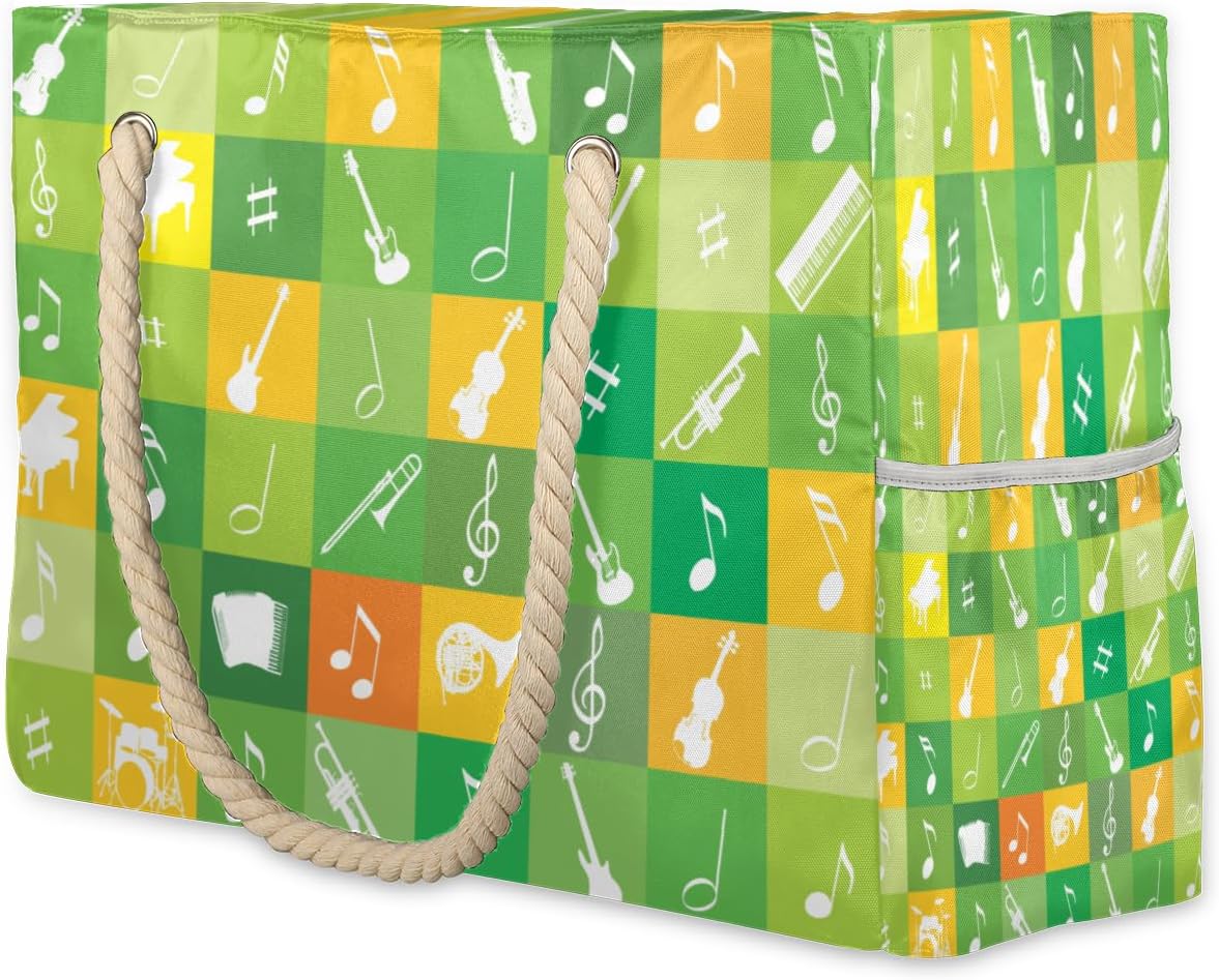 Grid Abstract Guitar Notes Beach Bag for Women Waterproof Sandproof Tote with Zipper Cotton Rope Handles for Travel Pool Gym Shopping
