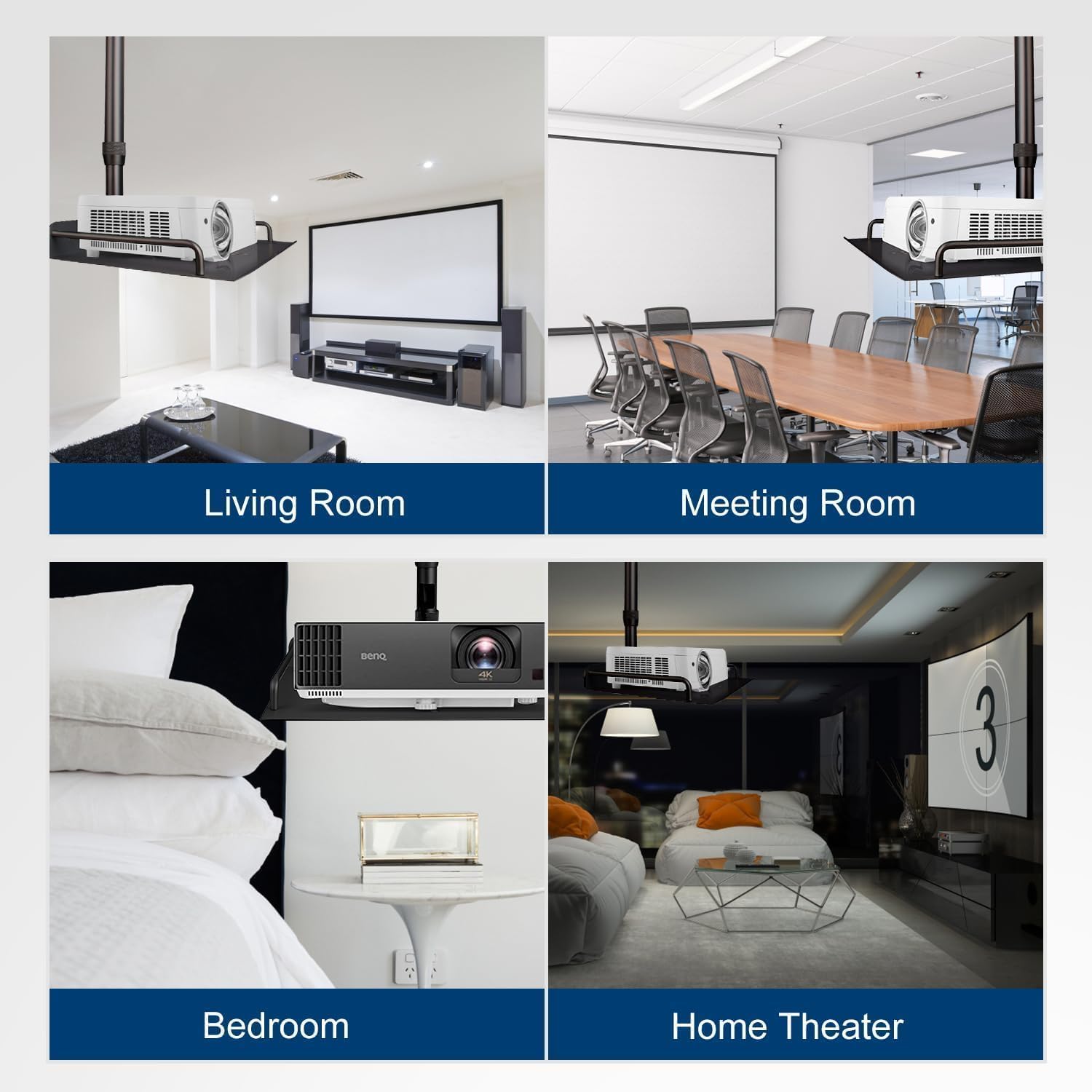 2-Be-Best Universal Projector Ceiling Mount with Tray, 14.5-23.2IN / 37-60CM Height Adjustable 360° Rotation Ceiling Projectors Mount Black