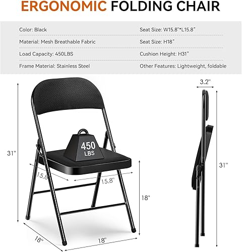 Miniatura 2 de Sillas plegables con asientos acolchados, paquete de 6 sillas plegables acolchadas de metal negro con marco de acero para eventos, oficina, boda,