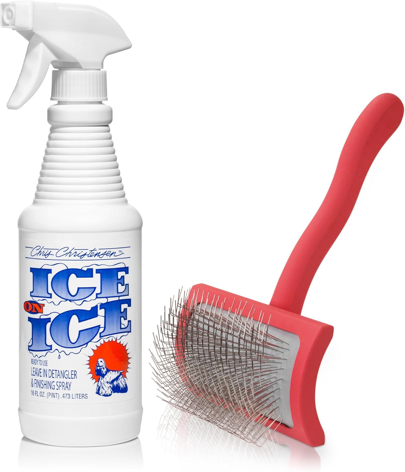 Chris Christensen Dog Brush Bundle: Ice on Ice Detangler & Finishing Spray for Elasticity & Strength + Big G Medium Slicker Brush for Fluffing and Detangling