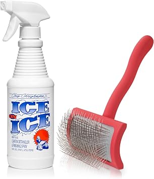 Chris Christensen Dog Brush Bundle Ice on Ice Detangler & Finishing Spray for Elasticity & Strength + Big G Medium Slicker Brush for Fluffing and Detangling