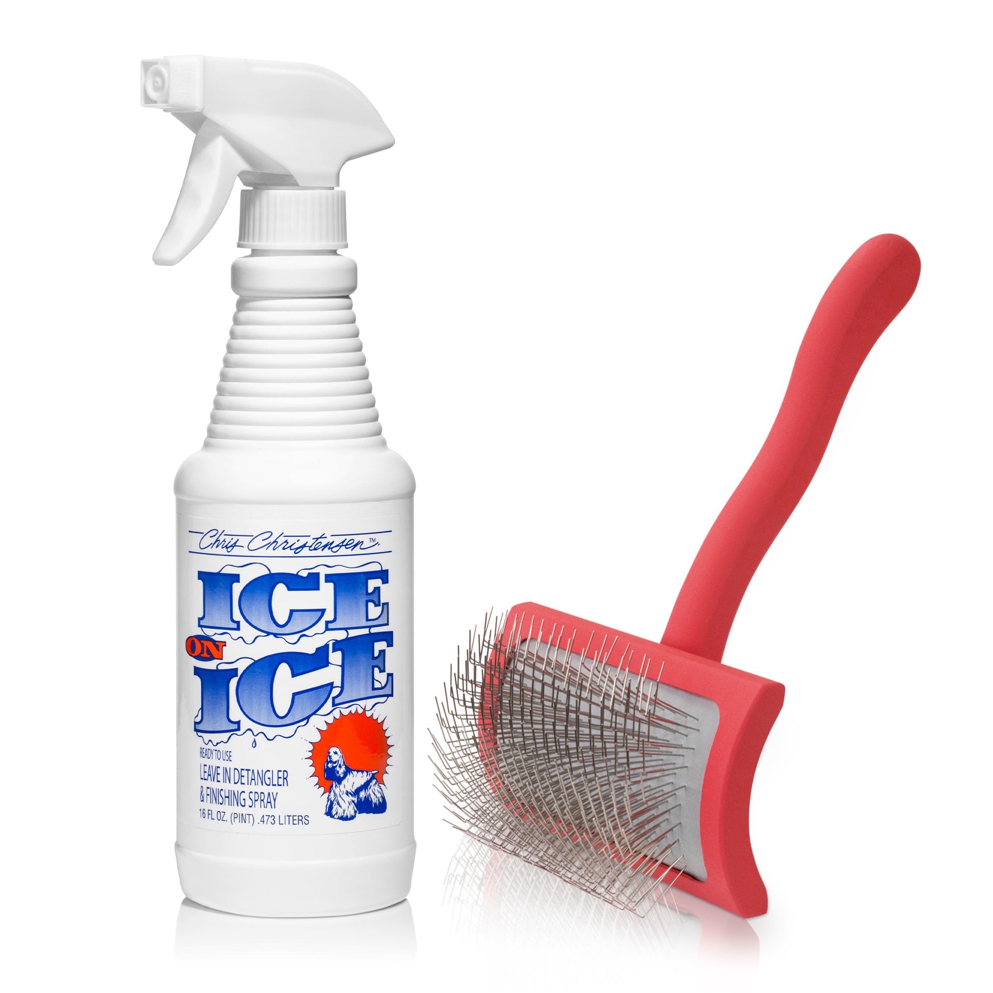 Chris ChristensenDog Brush Bundle: Ice on Ice Detangler & Finishing Spray for Elasticity & Strength + Big G Medium Slicker Brush for Fluffing and Detangling