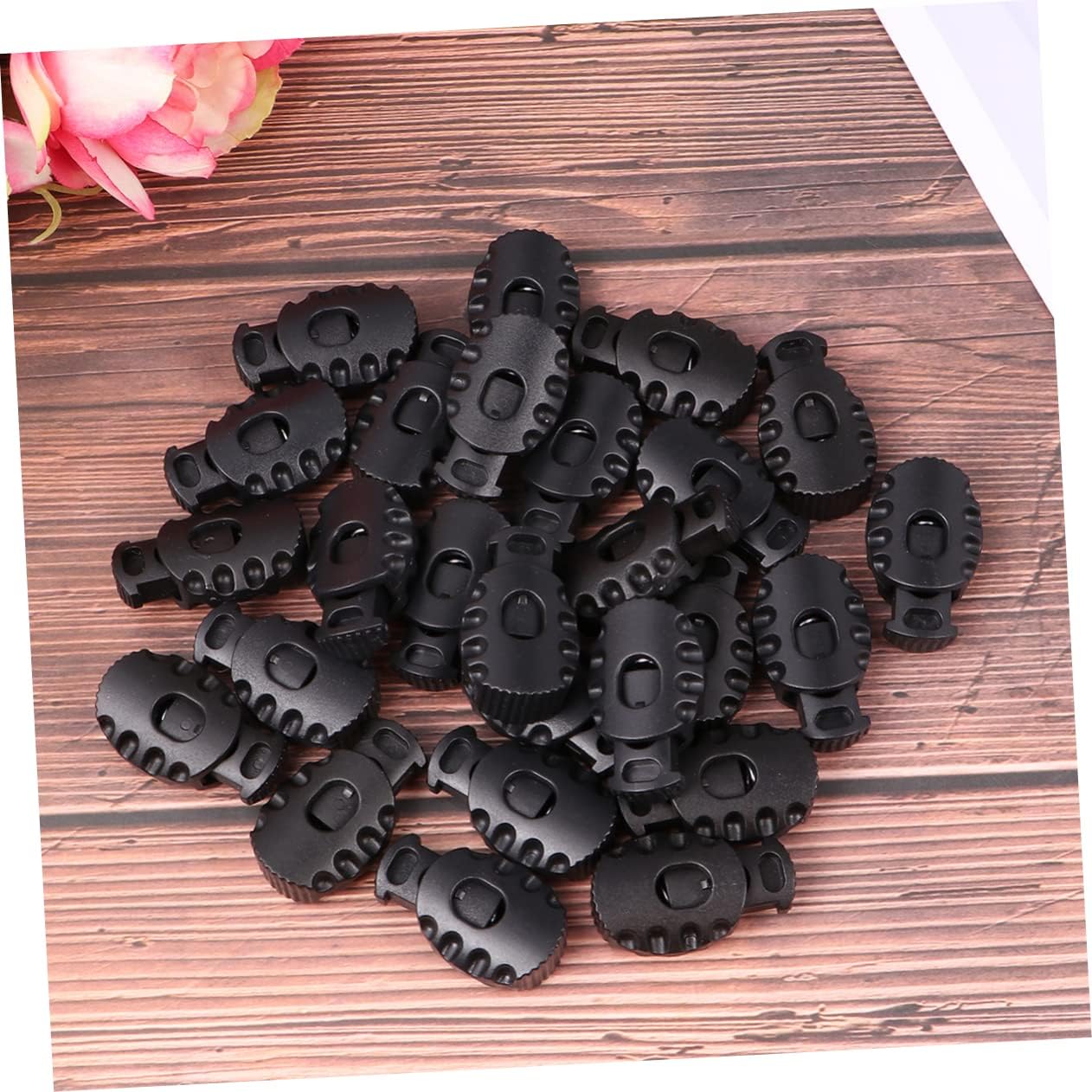 NUOBESTY 50 Pcs Plastic Adjustable Cord Locks for Drawstrings Spring-Loaded Elastic Fasteners for Backpacks Hoodies and Lanyards Black