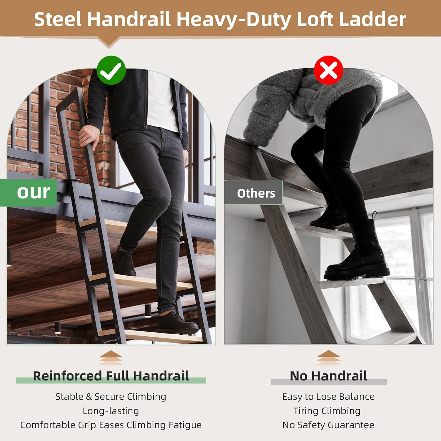 10.35FT Industrial Style Loft Ladder, 8 Steps with Black Steel Handrails & Solid Wood Steps, 450lbs Capacity, Fits 8.2-9FT Installation Height,for Attic, Kitchen, Warehouse, Bookshelf& Outdoor