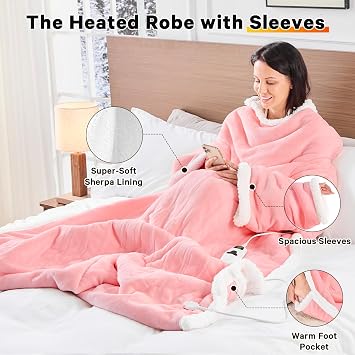 Heated Throw Blanket Electric Snuggle - Heated Robe with Foot Pocket for Adult, Winter Gifts for Mom Women 5-Position Timer 10-Heating Levels,50 * 70,Pale Pink