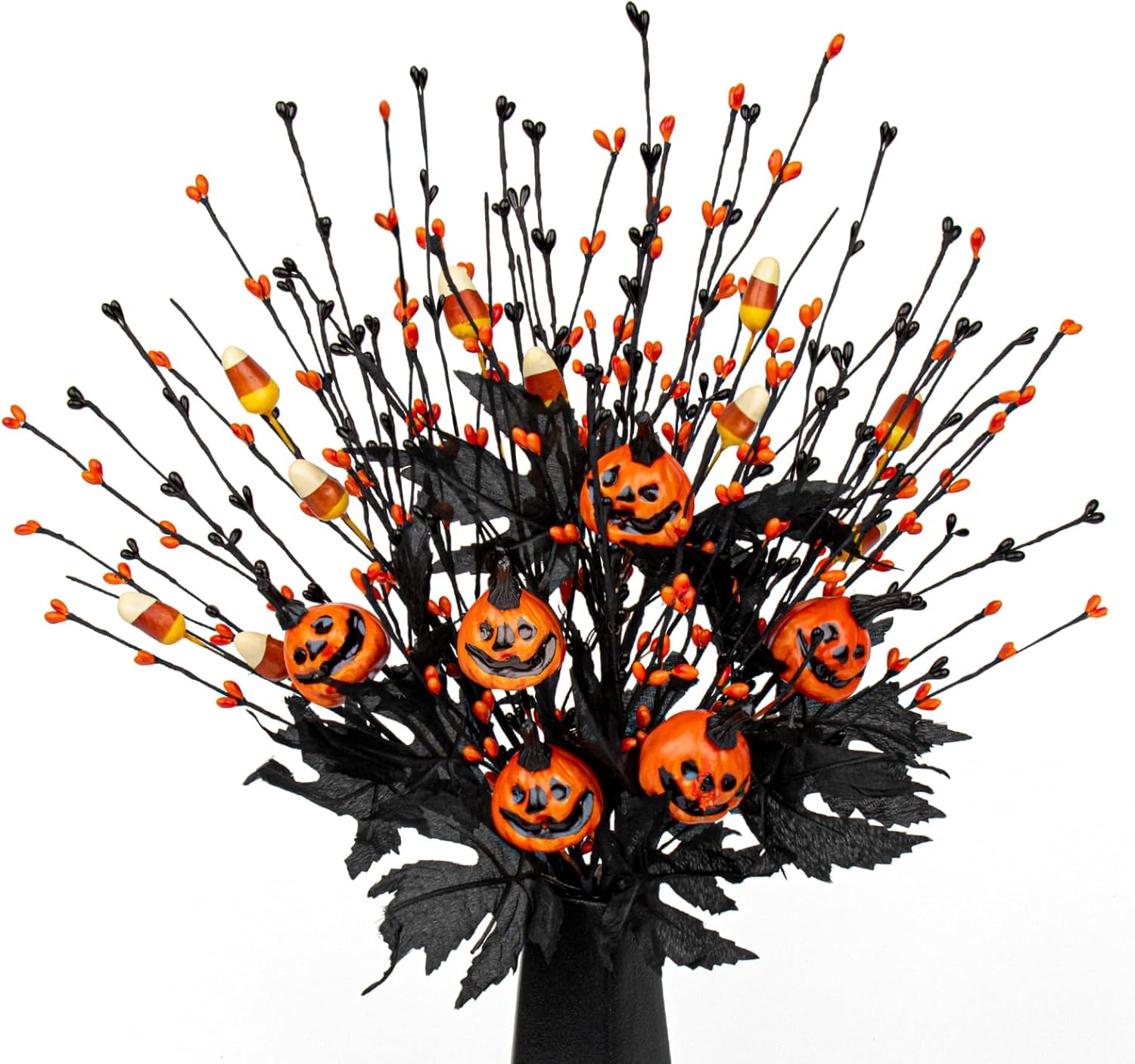 12 PCs Gothic Halloween Flowers Artificial Orange Black Stems Spooky Halloween Floral Picks with Candies Corn Smiling Pumpkins for Vase Floral Arrangements Table Centerpieces Decorations