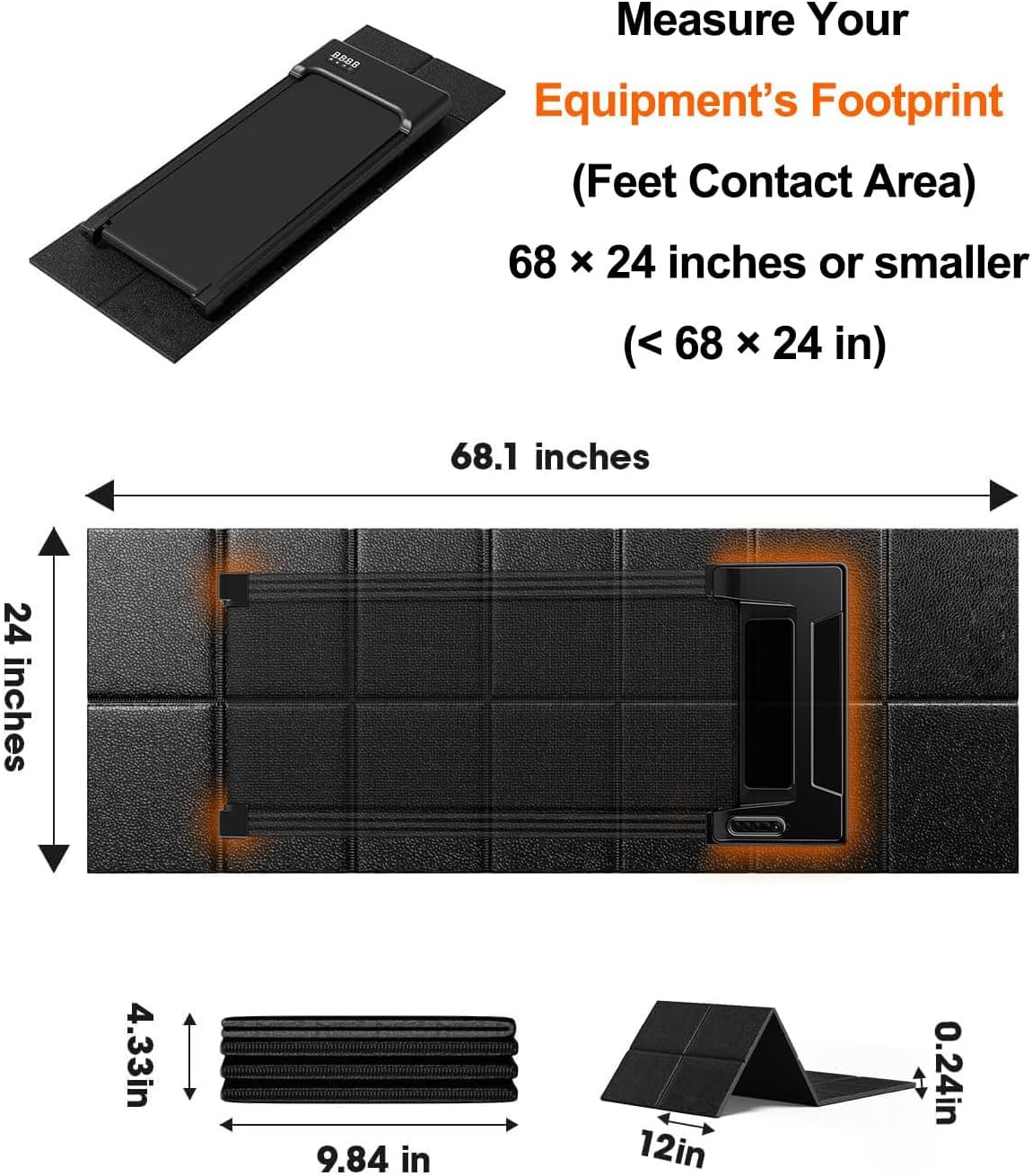 Treadmill Mat for Carpet & Hardwood Floors, 68" x 24", 1/4" Thick Under Treadmill and Walking Pad Mat, Non-Slip Exercise Equipment Mat for Bike, Noise & Shock Absorbing