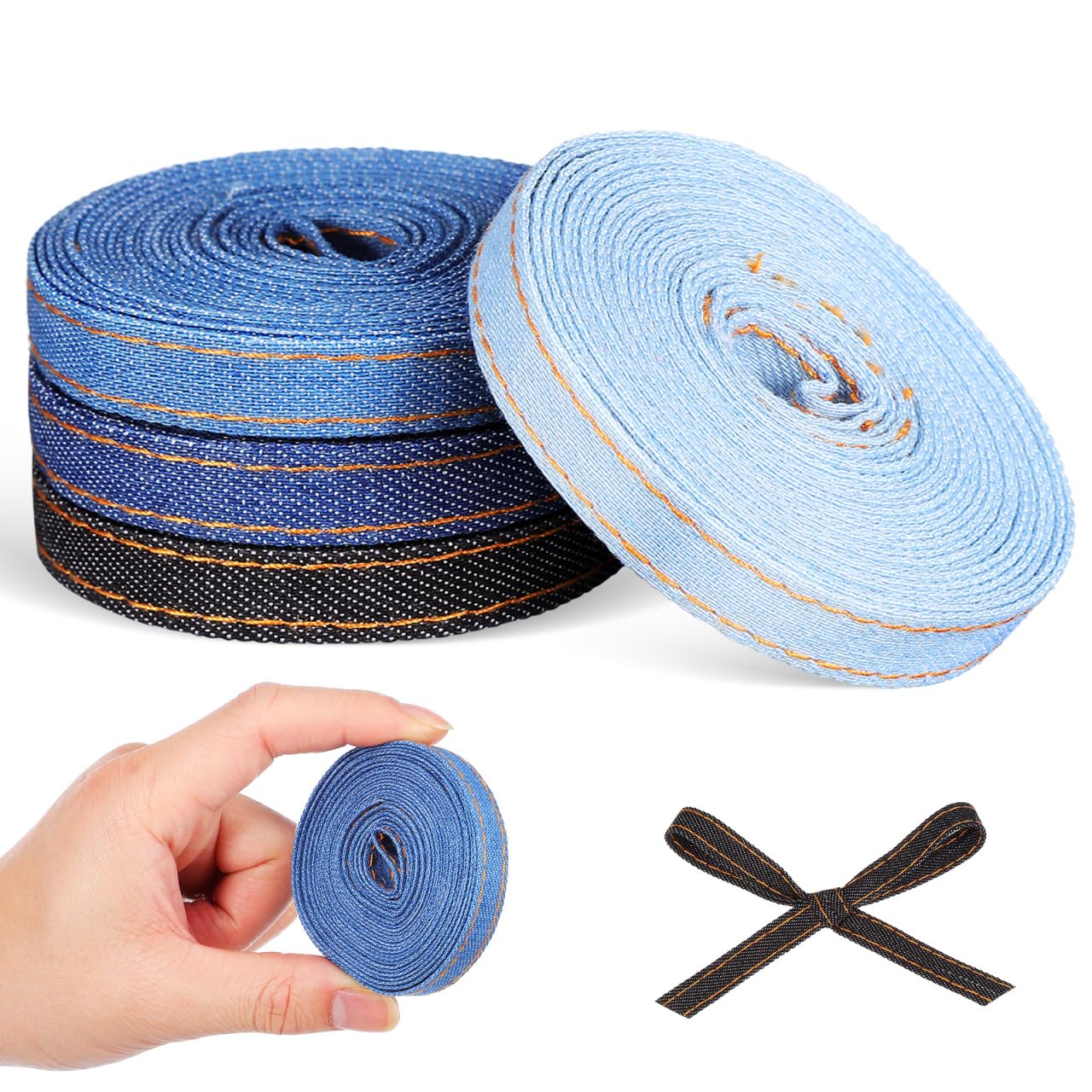 Healeved 4 Rolls of Gradient Denim Ribbon for Sewing, Crafting, and Gift Wrapping - Handmade Bowknot Ribbon, Assorted Colors, 118.11 X 0.39 Inch,