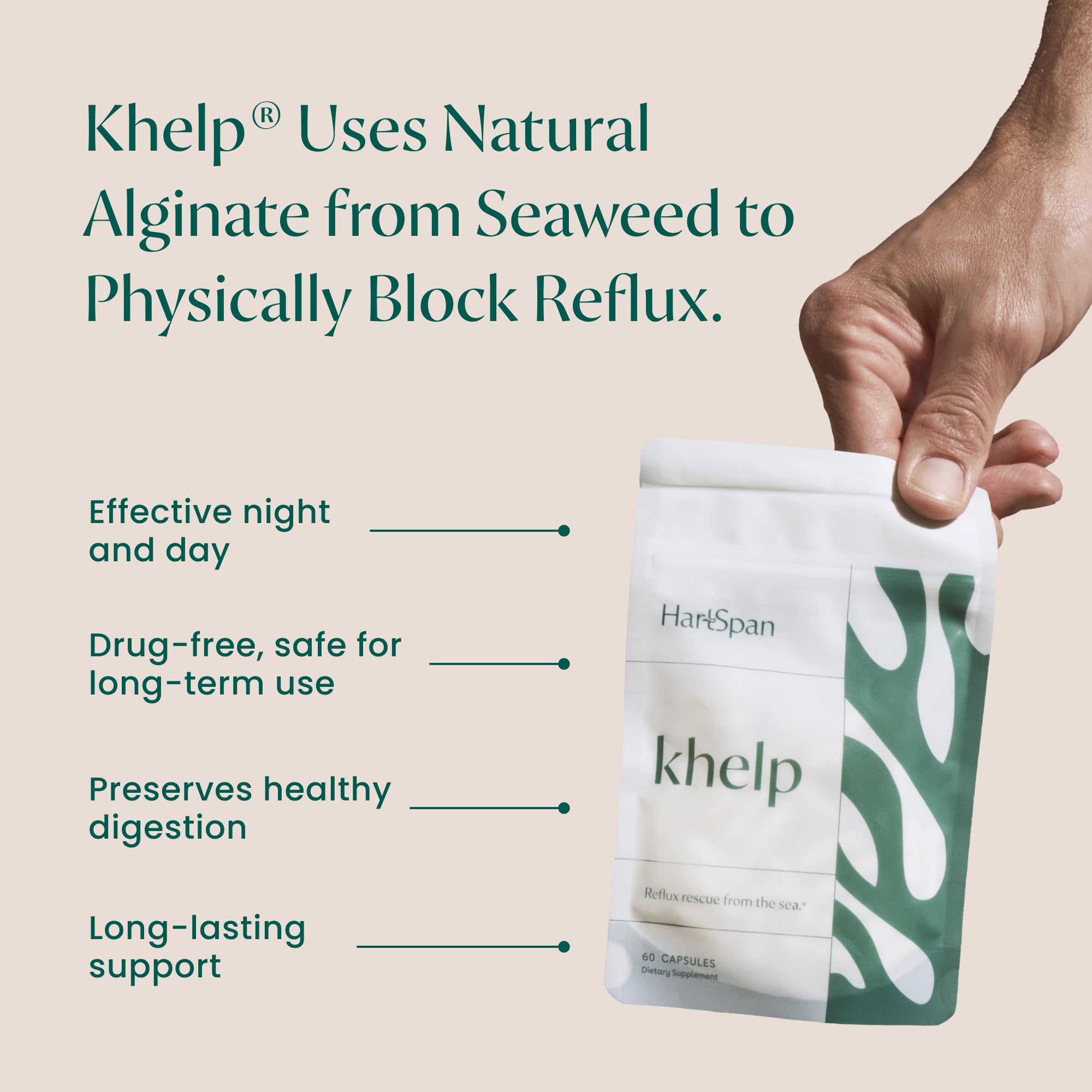 Khelp All-Natural Reflux Support – Premium Alginate Supplement | GERD, Heartburn, LPR & Acid Reflux | Drug-Free, Designed for Daily Use | No Dyes or Flavors | 60 Vegan Capsules — Amazon image 2
