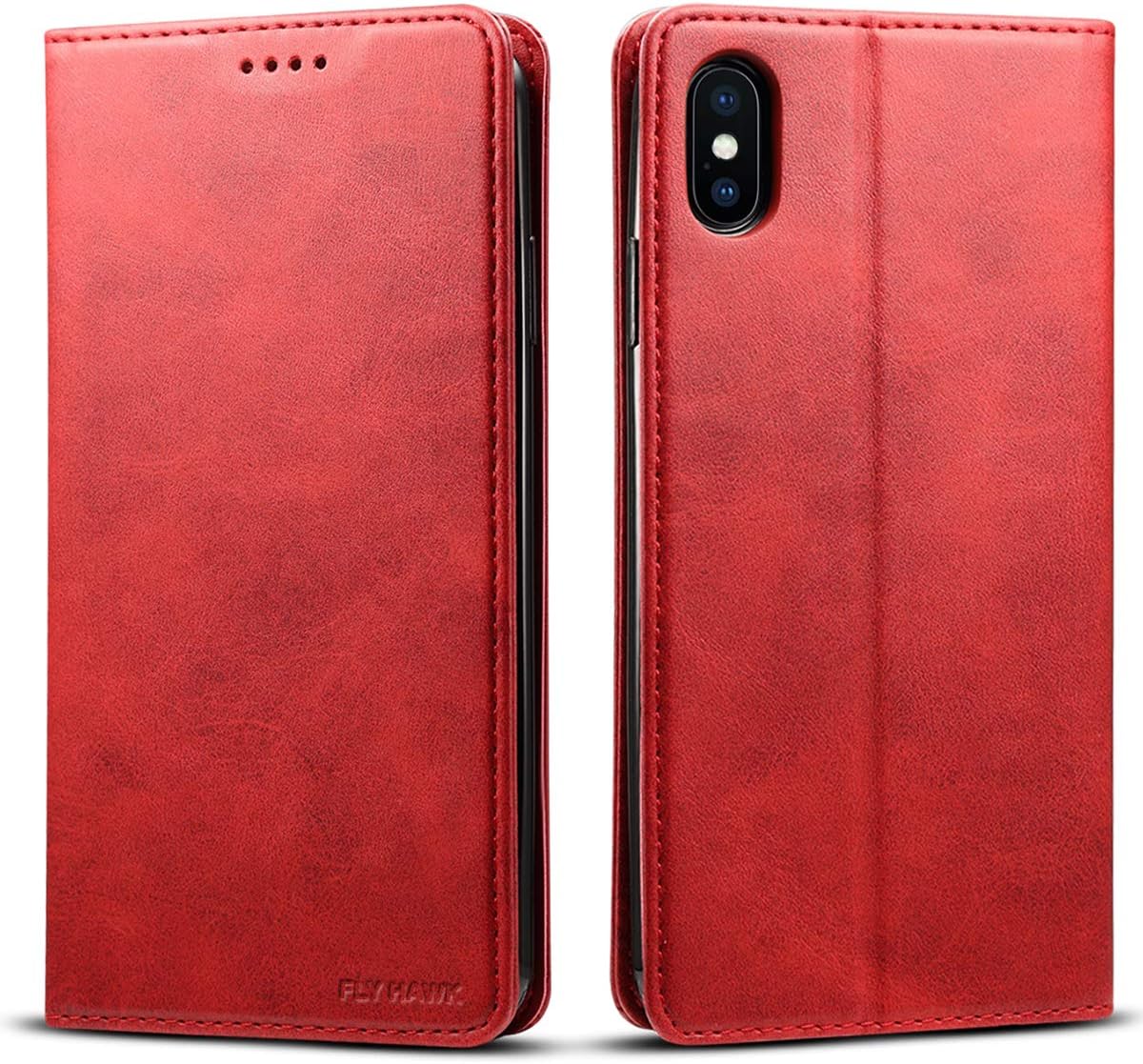 FLY HAWK Wallet Case Compatible iPhone Xs Max/iPhone 10s Max, Wallet Case Premium PU Leather Flip Cover Folio Case [Kickstand Feature] with ID & Credit Card Pockets 6.5 inch Red