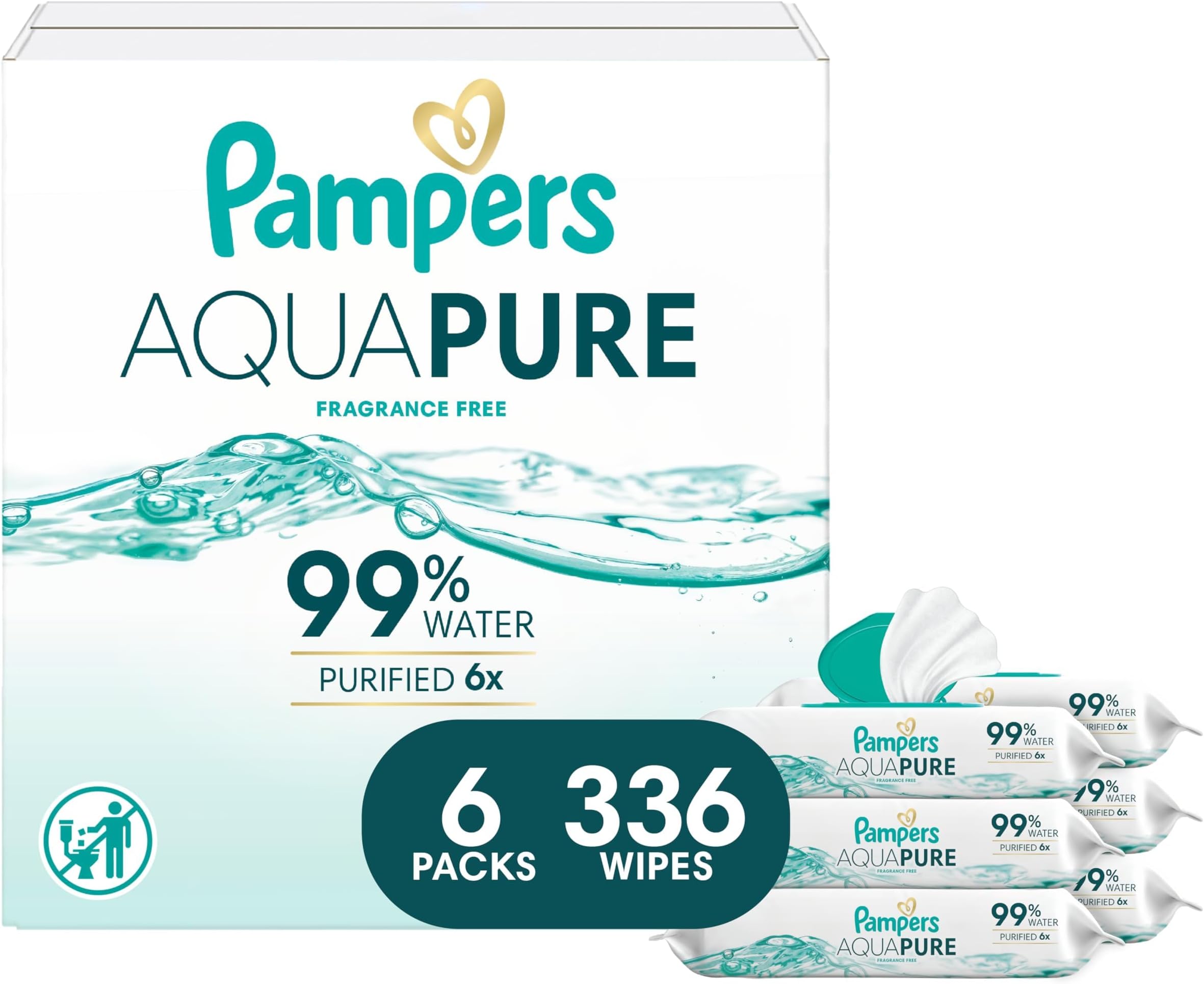 Pampers Aqua Pure Sensitive Baby Wipes, 99% Water, Hypoallergenic, Unscented Baby Wipes, 336 Baby Wipes Total (6 Flip-Top Packs)