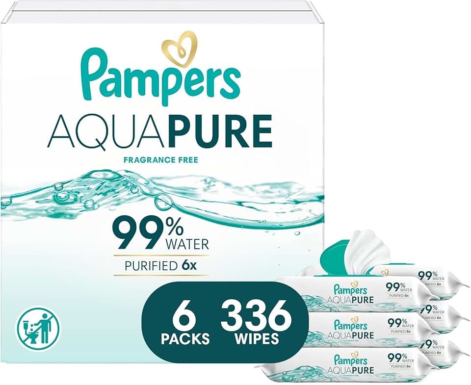 幫寶適 Aqua Pure 嬰兒 濕巾, 99% Water, 無香料, 336 嬰兒 濕巾 Total (6X Flip-Top Packs) [Packaging May Vary]