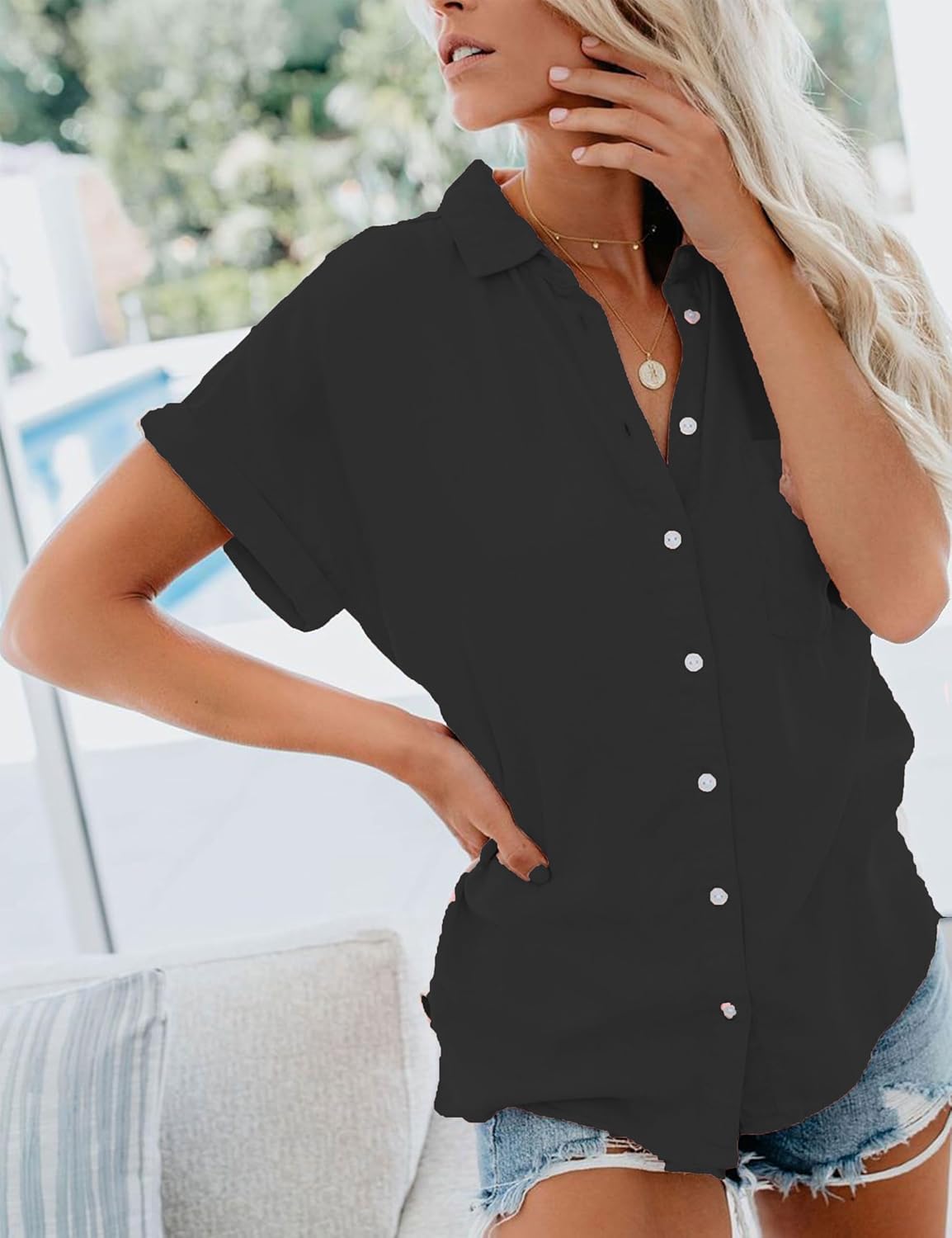 Womens Short Sleeve Button Down Shirts V Neck Collared Blouses Tops for Women - Image 4