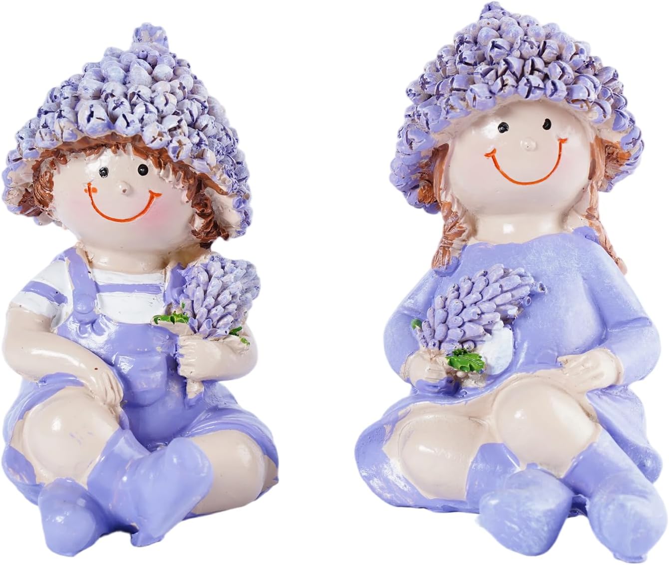 2-Piece Garden Statues Outdoor Lavender Boy and Girl Figurines Set Spring Figurines Resin Garden Statue for Tabletop Mantel Shelf Patio Yard Home Decor Gift