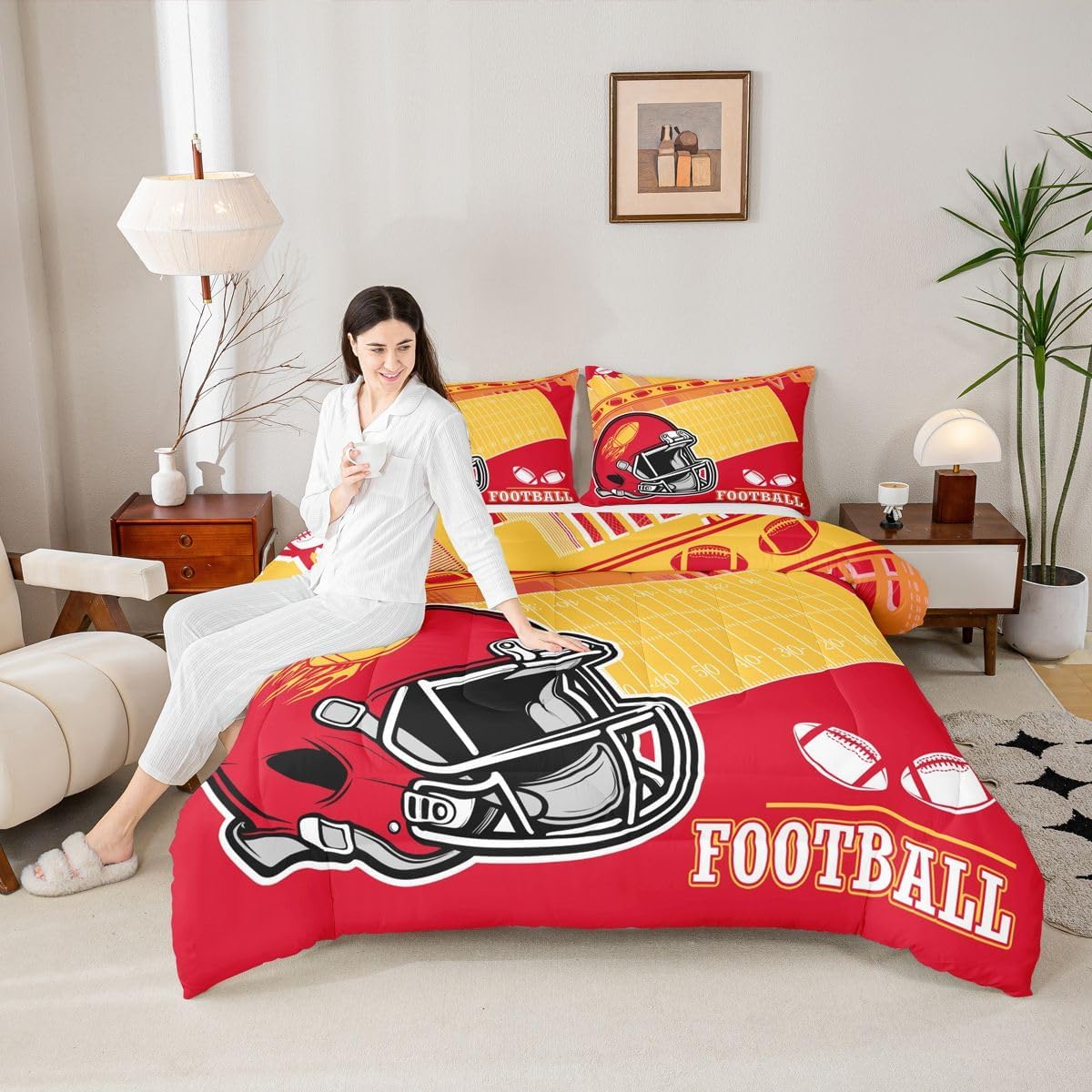 Erosebridal Football City Comforter Boys Bedding Sets Queen Football Fans Gamer Room Decor for Boys,Rugby Sports Bed Set Gifts for Kids Teen Adults Men Yellow Red Quilt Duvet 3 Pcs (Kansas)
