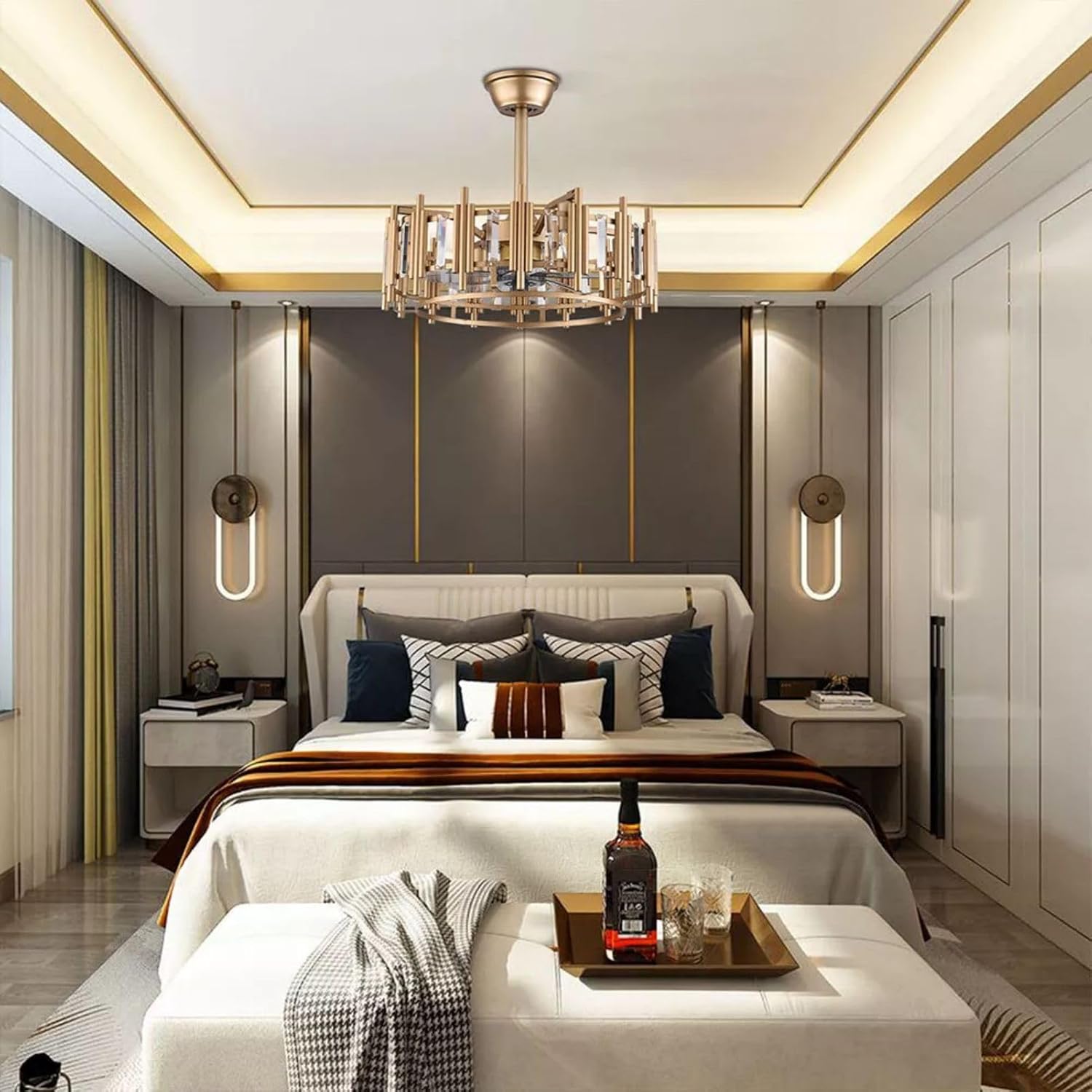 Ceiling Fan Light with Remote Fans Lights for Bedroom 3Speed Caged 20Inch Modern Luxury Bladeless Chandeliers Low Noise & Smart Timing Function Retro Metal for Living Room Bedroom Study