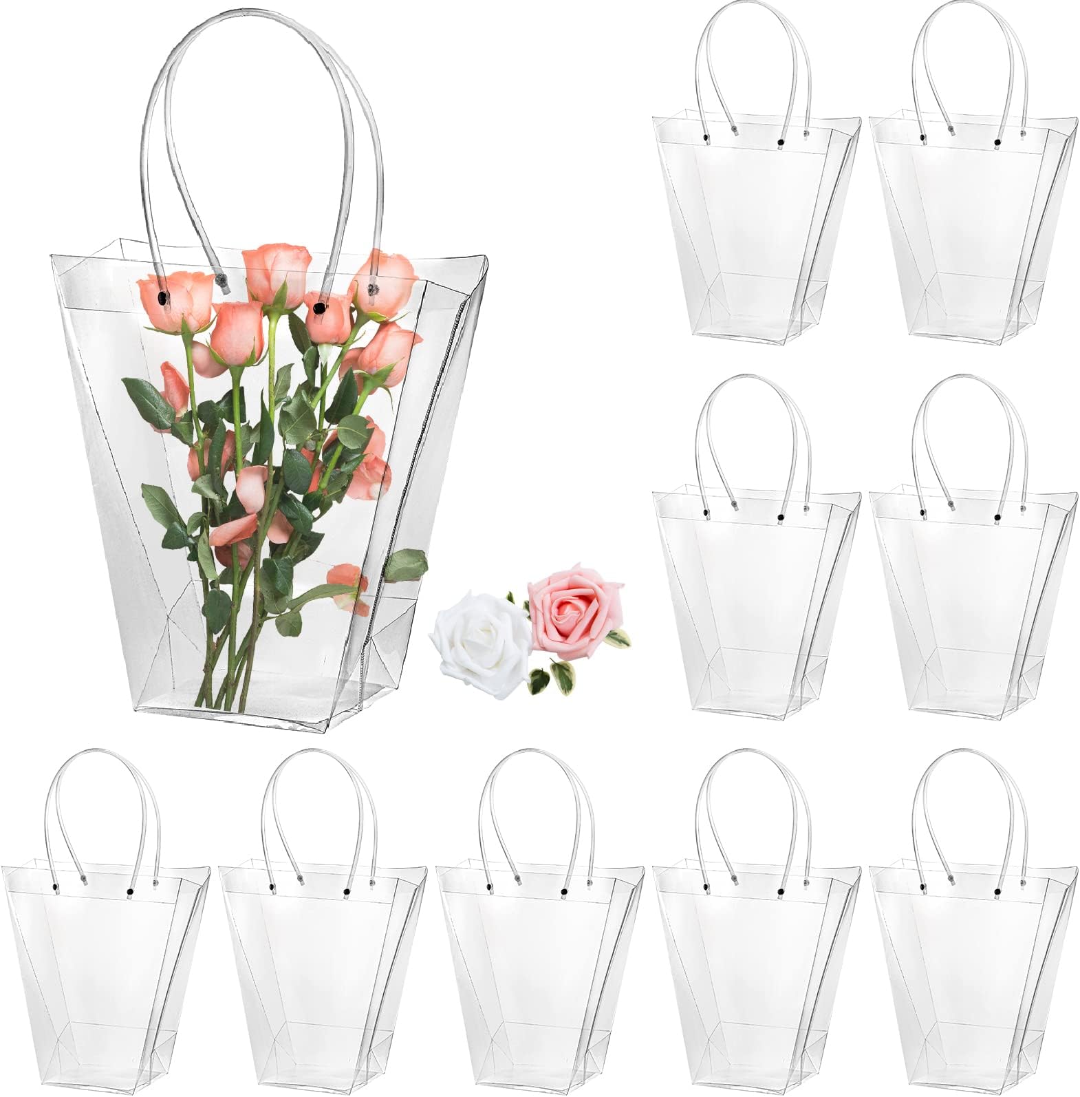 SOUJOY 10 Pack Clear Flower Bouquet Bags, Gift Bags with Long Handles, Party Floral Packing Wrap Bag for Valentine Day, Birthdays, Mother's Day, Father’s Day, Wedding, Anniversary, Housewarming