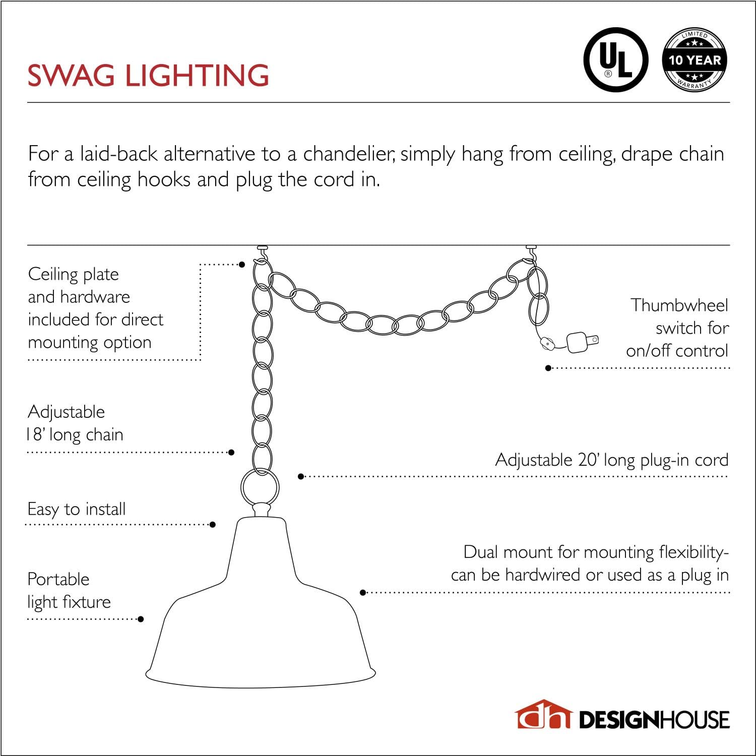 Super Sale 🛒 Design House 517565 Millbridge Traditional 1 Indoor Hanging Swag Light with Alabaster Glass Shade for Living Dining Room Bar Area, Satin Nickel