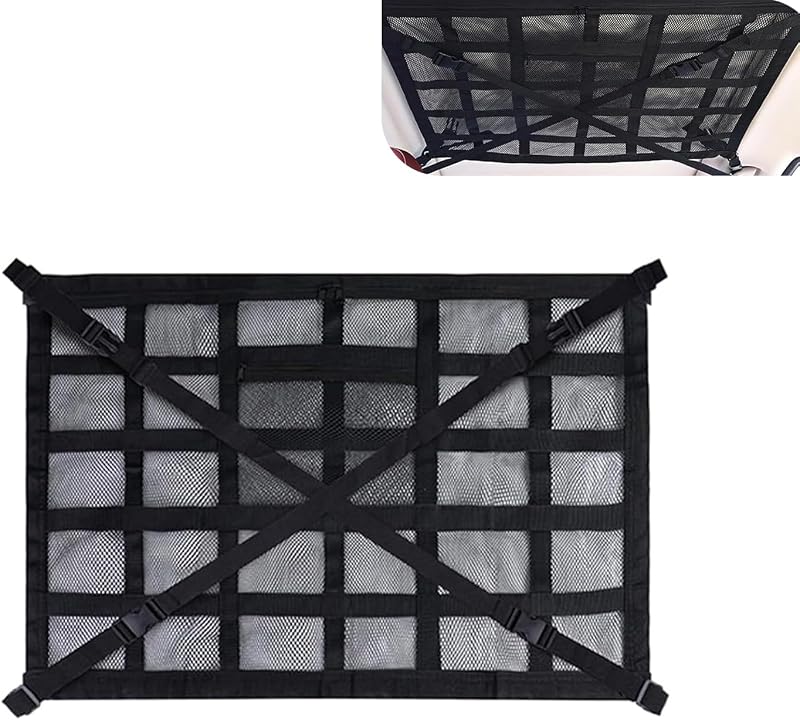 Car Ceiling Cargo Net, 31.5" x 21.6" Double-Layer Mesh Roof Storage Net, Adjustable Car Roof Mesh Storage Nets Organizer, Universal for SUV, Travel Road Trips, Camping Essentials