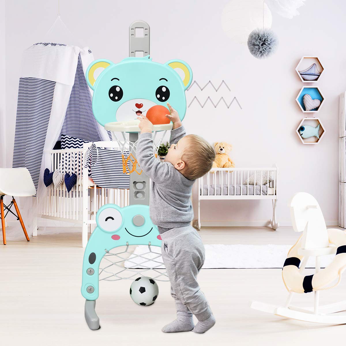 RELAX4LIFE 3 in 1 Canestro Basket per Bambini con Gioco Dell'Anello, Pallacanestro, Porta da Calcio e Golf, Altezza Regolabile 133-158cm, per 2-5 Anni (BLU)