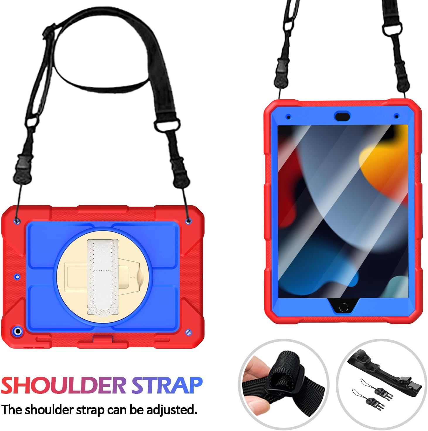LTROP Case for iPad 9th/8th/7th Generation 10.2 Inch (2021/2020/2019) [ShoulderStrap][Pencil Holder][Swivel Stand], Protective Cover for iPad 9/8/7 Gen 10.2”, Blue and Red image 4