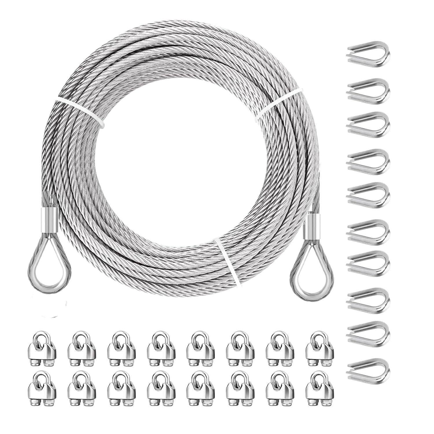 3/16" Stainless Steel Cable 100ft Wire Rope with Wire Rope Clamps and Thimble, 4300lbs Breaking Strength, 7X19 Strands Aircraft Cable for Clothesline Yard Zipline Deck Railing Boat Lifts【100ft】