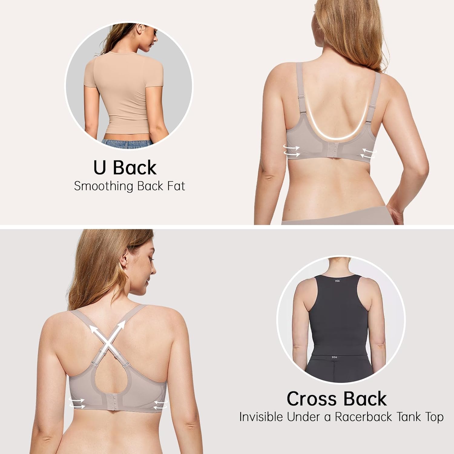 OEAK Women Seamless Bra No Underwire Push Up Anti Sagging Bralettes Everyday Tshirt Supportive Racerback Bra XL Grey - Image 3