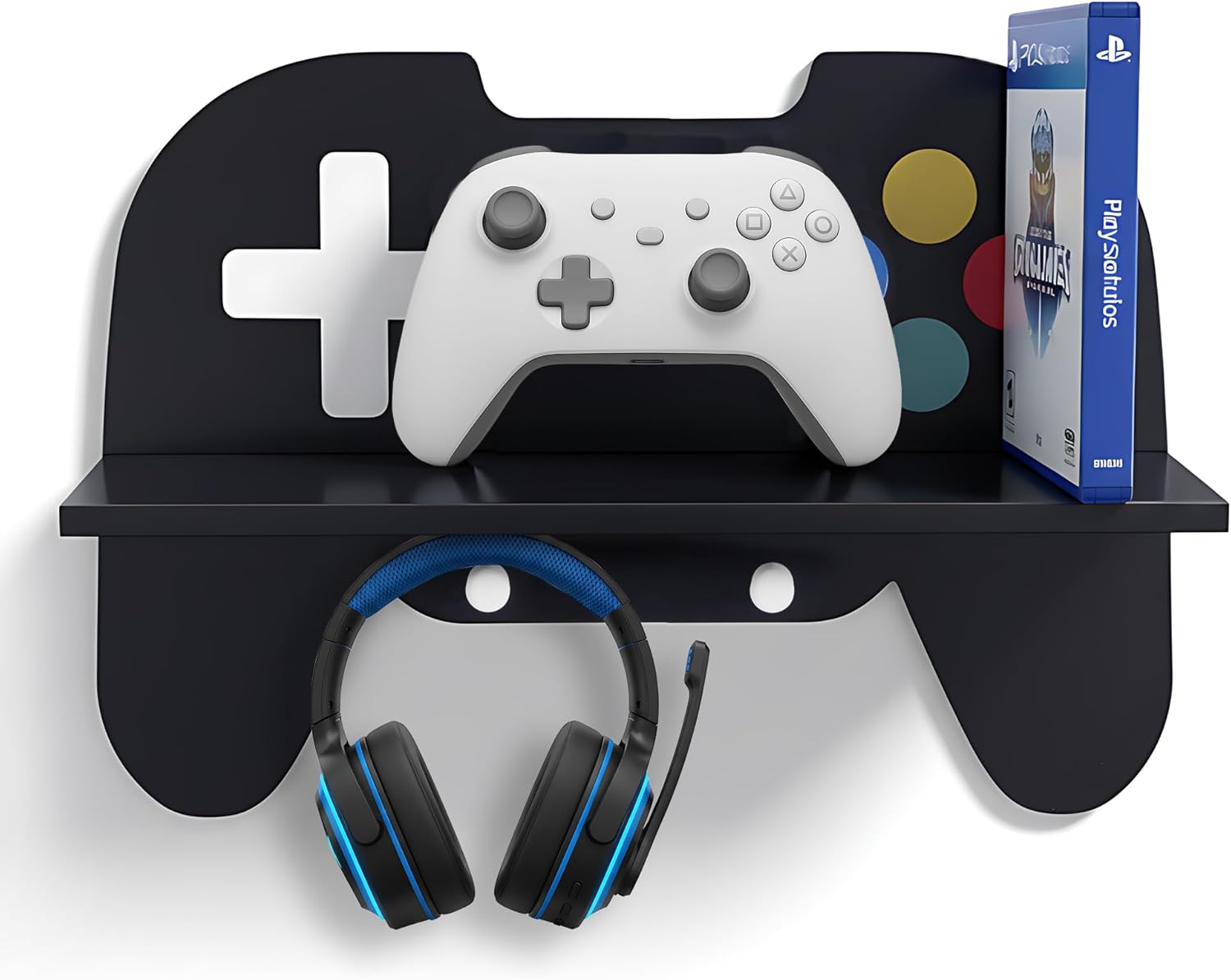 Game Room Decor Gaming Floating Shelf for Wall - Retro Controller Shaped Wooden Display Rack with Hooks for Controllers and Headphones, Black, Gaming Room Organizer for Boys and Teens