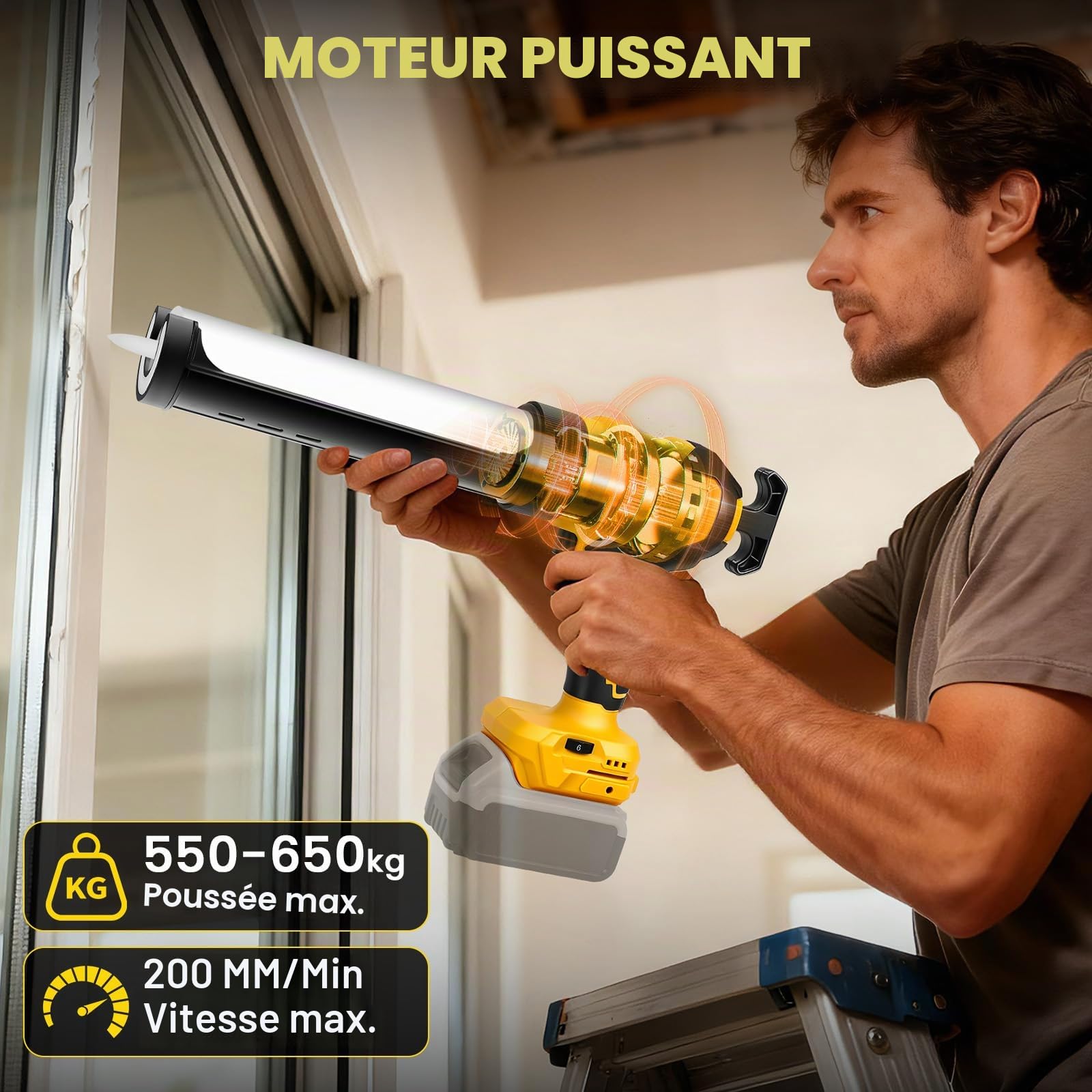 Pistolet à mastic sans fil pour Dewalt 20V (sans batterie) | Pistolet à calfeutrer électrique, 6 vitesses réglables, affichage numérique, éclairage LED, pour cartouche 10oz/300ml