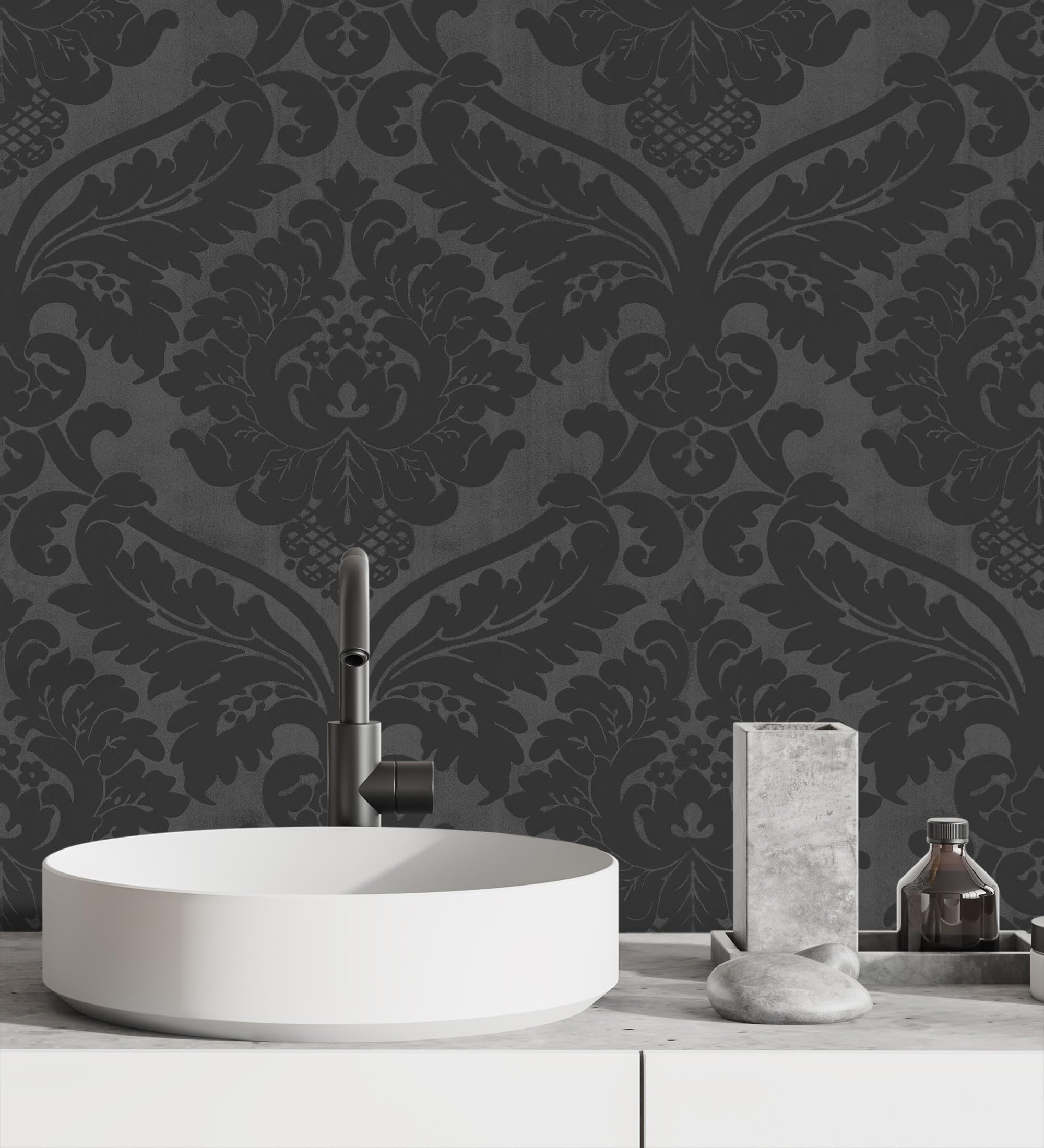 GAULAN 421504 - Papel pintado vinílico lavable de damasco victoriano color negro fondo satinado para pared salón cocina baño dormitorio mueble - Rollo de 10 m x 0,53 m