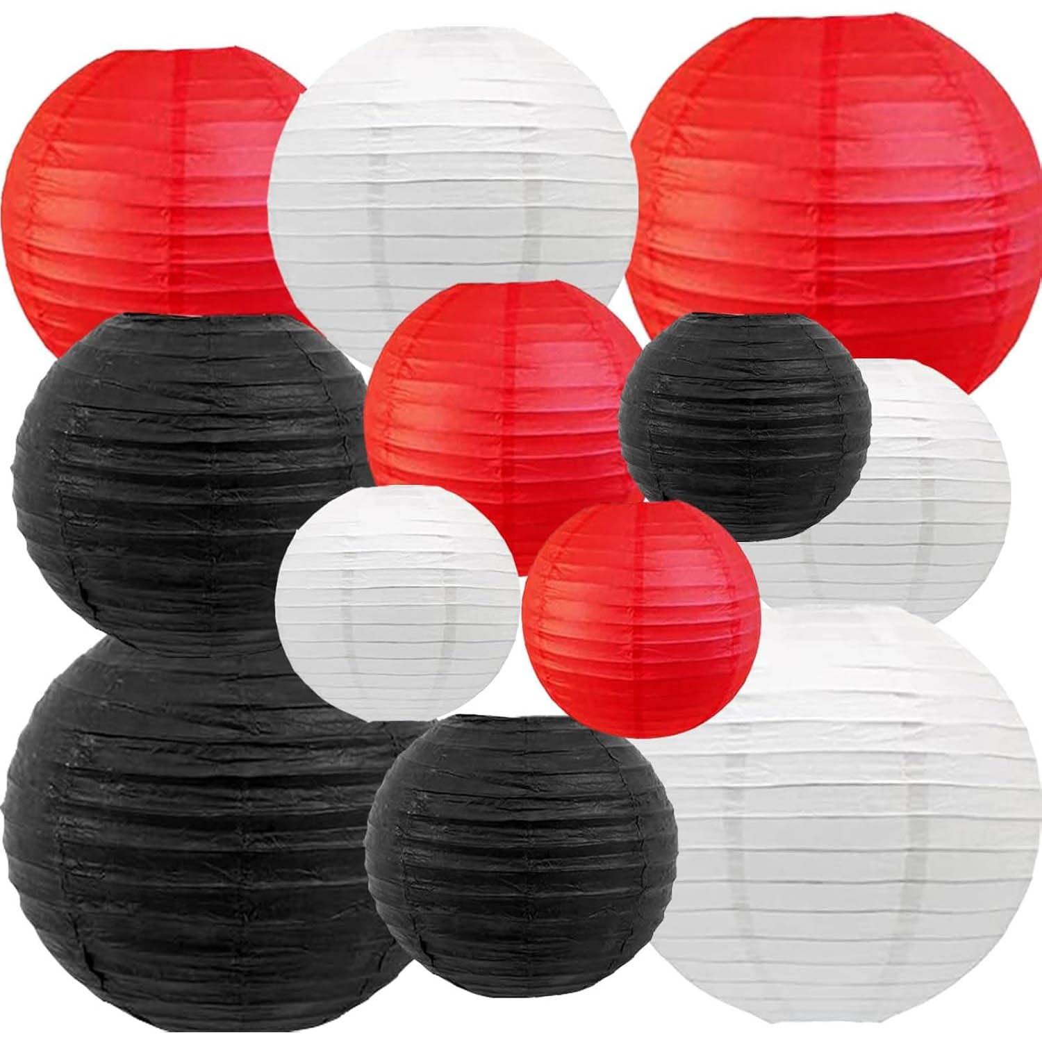 Black Red & White Paper Lanterns, 12 Pack Hanging Chinese Lanterns for Indoor & Outdoor Decorations, Birthday, Wedding, Christmas, Bridal Shower, Home & Ceiling Décor, 10/15/20/25 cm