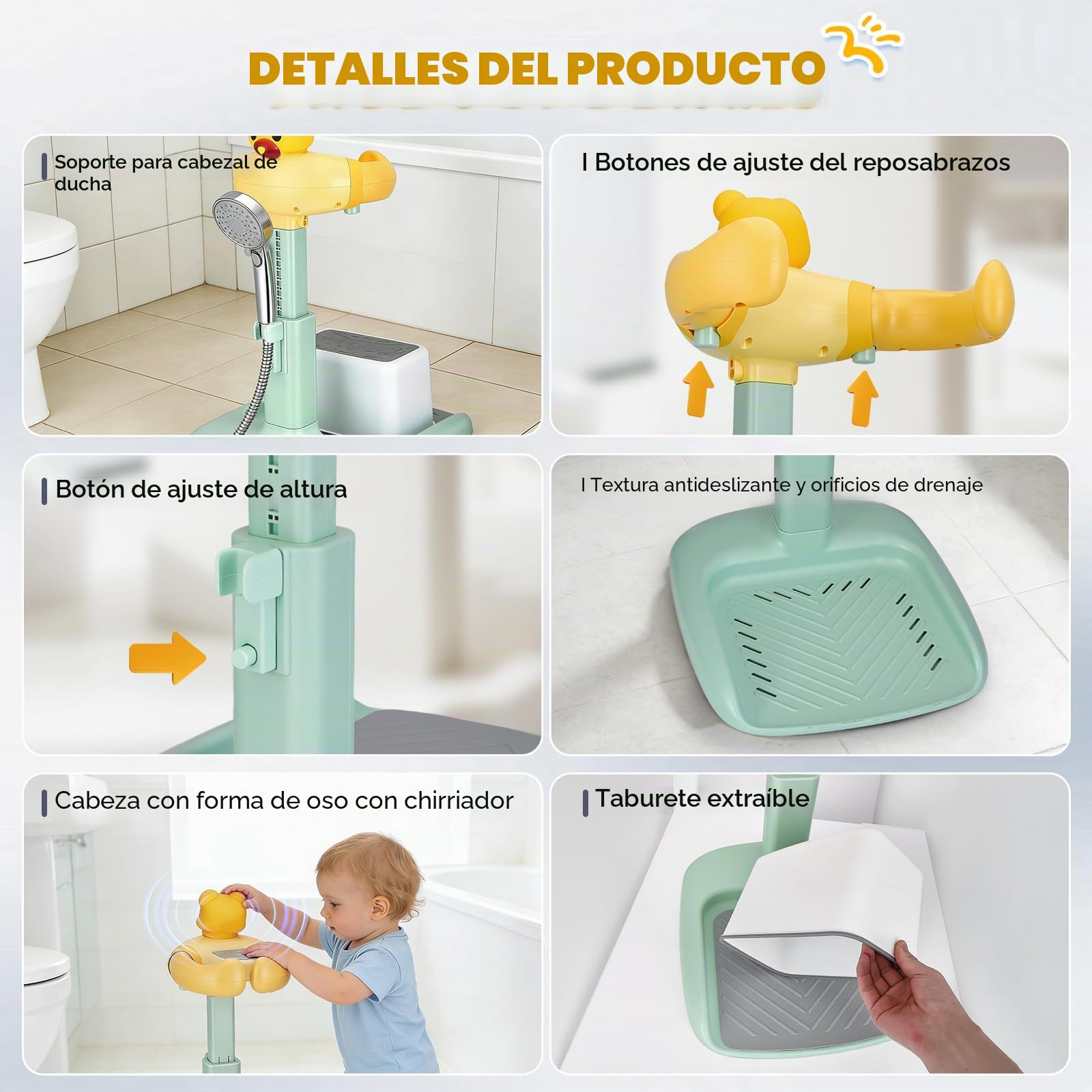 Soporte Ducha Bebé con Asiento, Ajustable y Antideslizante 6-36 Meses | ABS sin BPA, altura 47-62 cm, reposabrazos 17-27 cm, soporte para ducha, asiento y base antideslizante para baño y cuidado
