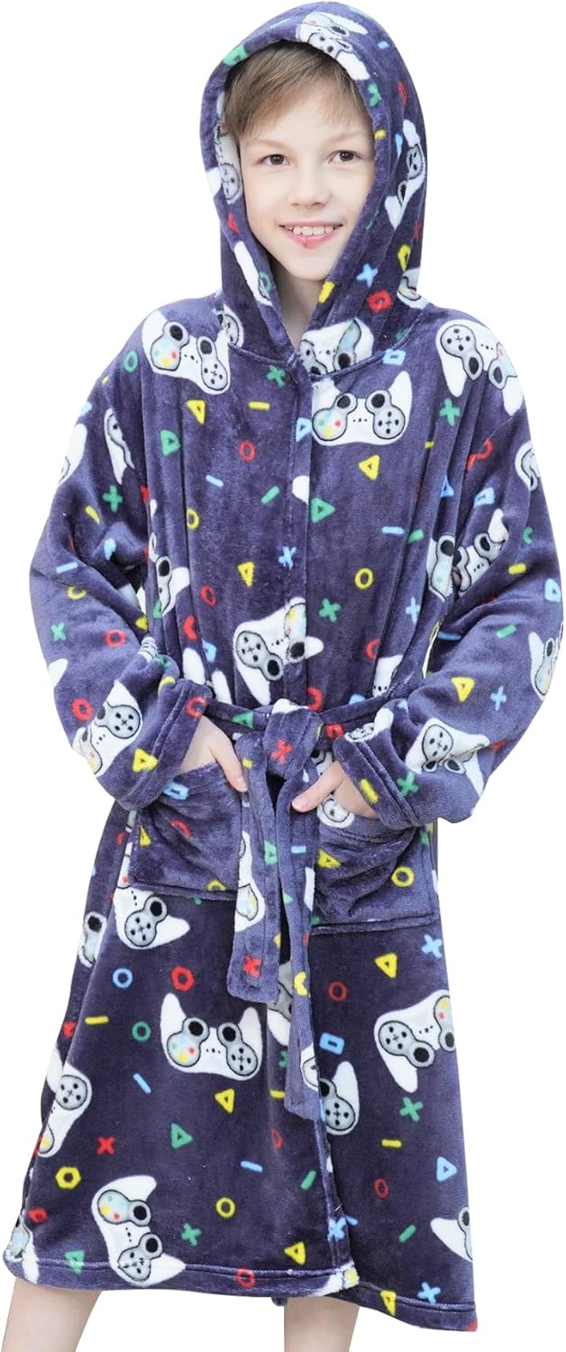 Doctor Unicorn Boys Soft Hooded Bathrobe Kids Warm Gamer Fleece Robe Sleepwear