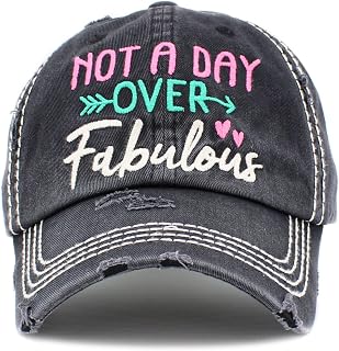 Funky Junque Womens Baseball Cap Distressed Vintage Unconstructed Embroidered Patch Hat, Not a Day Over Fabulous - Black, One Size