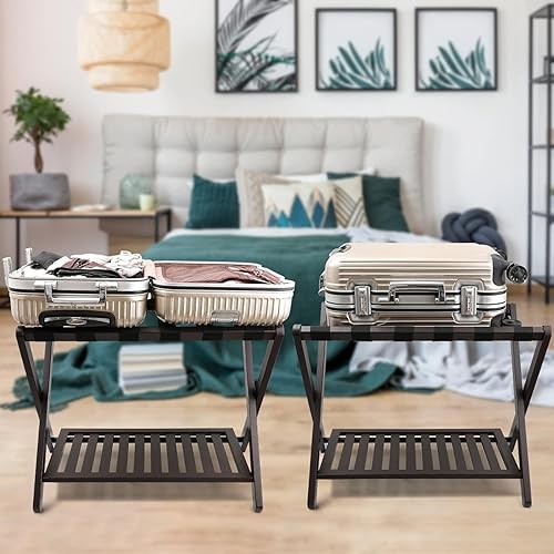 Miniatura 2 de Purbambo Paquete de 2 portaequipajes de bambú para habitación de invitados, soporte plegable resistente para maleta con estante de almacenamiento