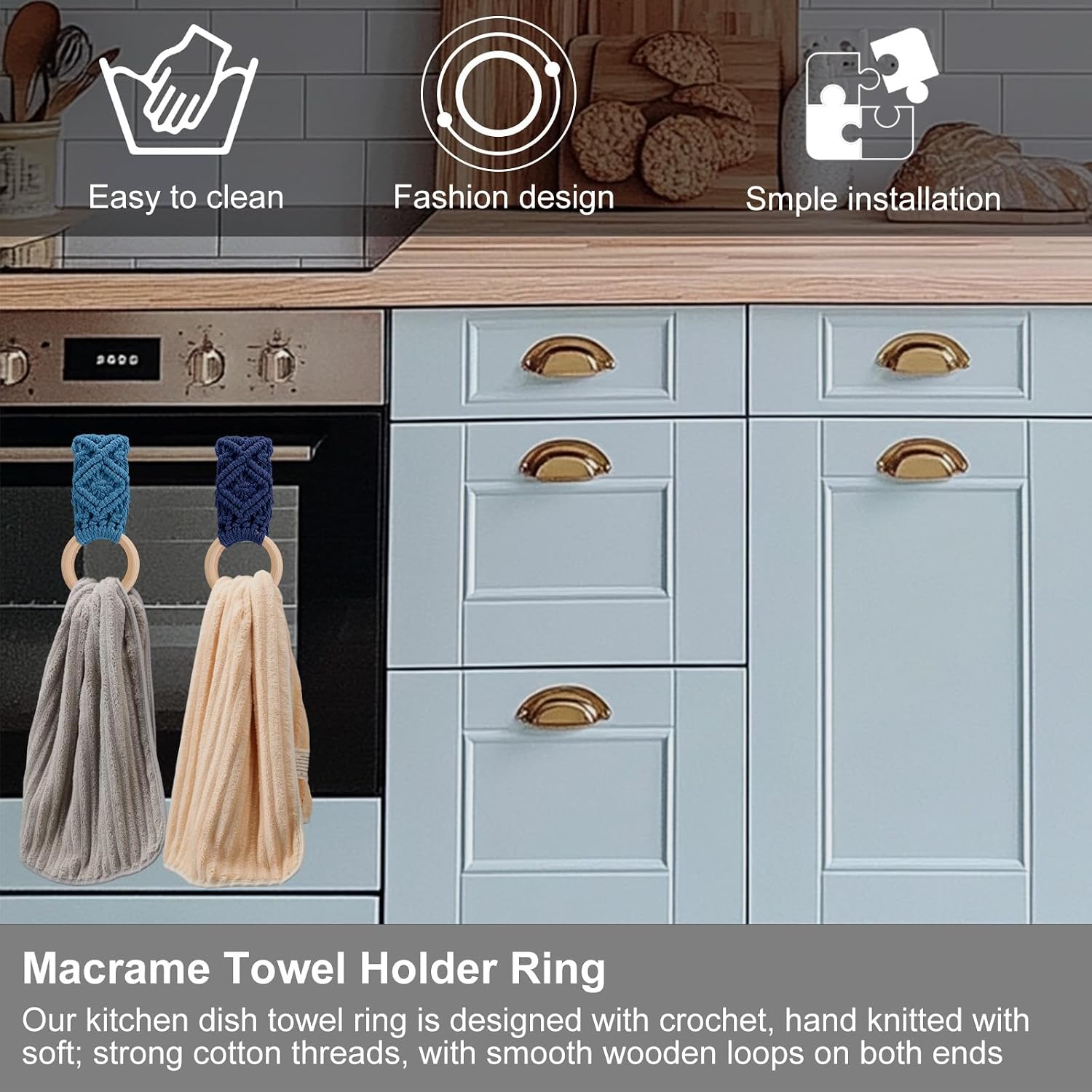 Tioncy 4 Pcs Kitchen Dish Towel Holder Crochet Towels Loop Ring,Blue image 3