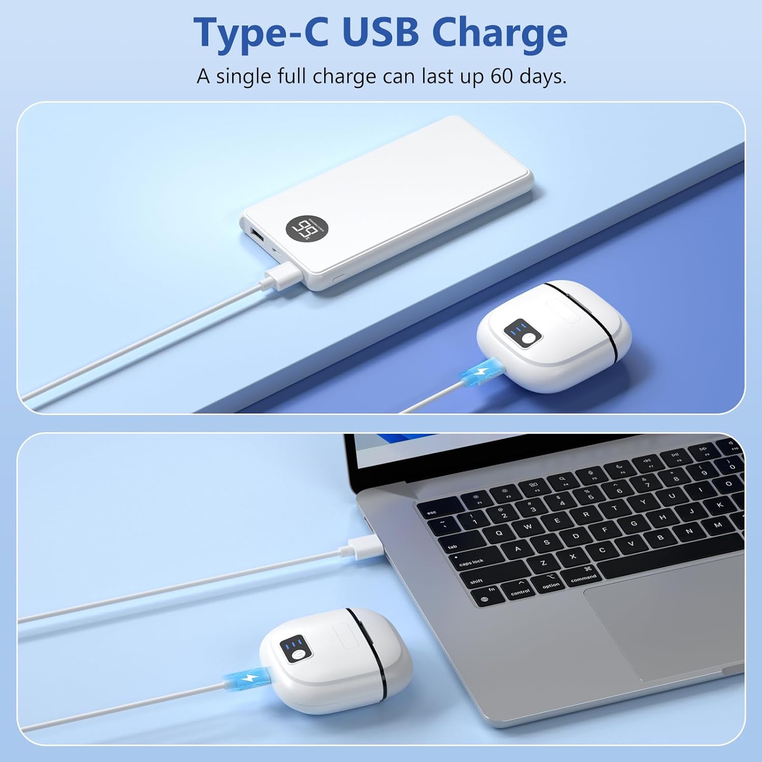 The electric nail clipper being charged via a Type-C USB cable, connected to a power bank and a laptop.